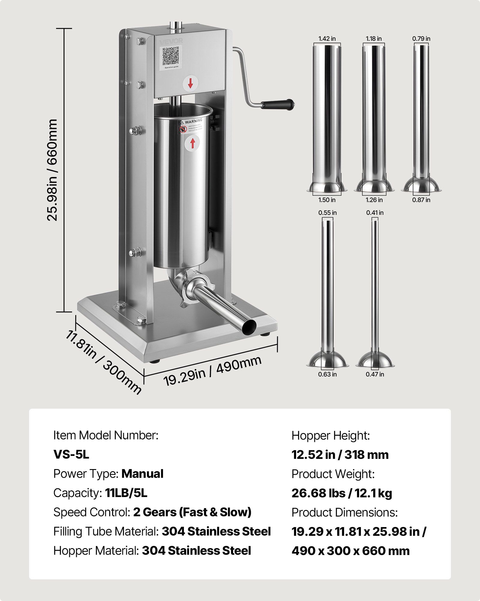Manual Sausage Stuffer, 11 LBS / 5 L Vertical Meat Stuffer, Dual-Speed Sausage Casing Meat Filling Machine, Stainless Steel Heavy Duty Filler with 5 Stuffing Tubes, for Commercial & Home Use - Image 7