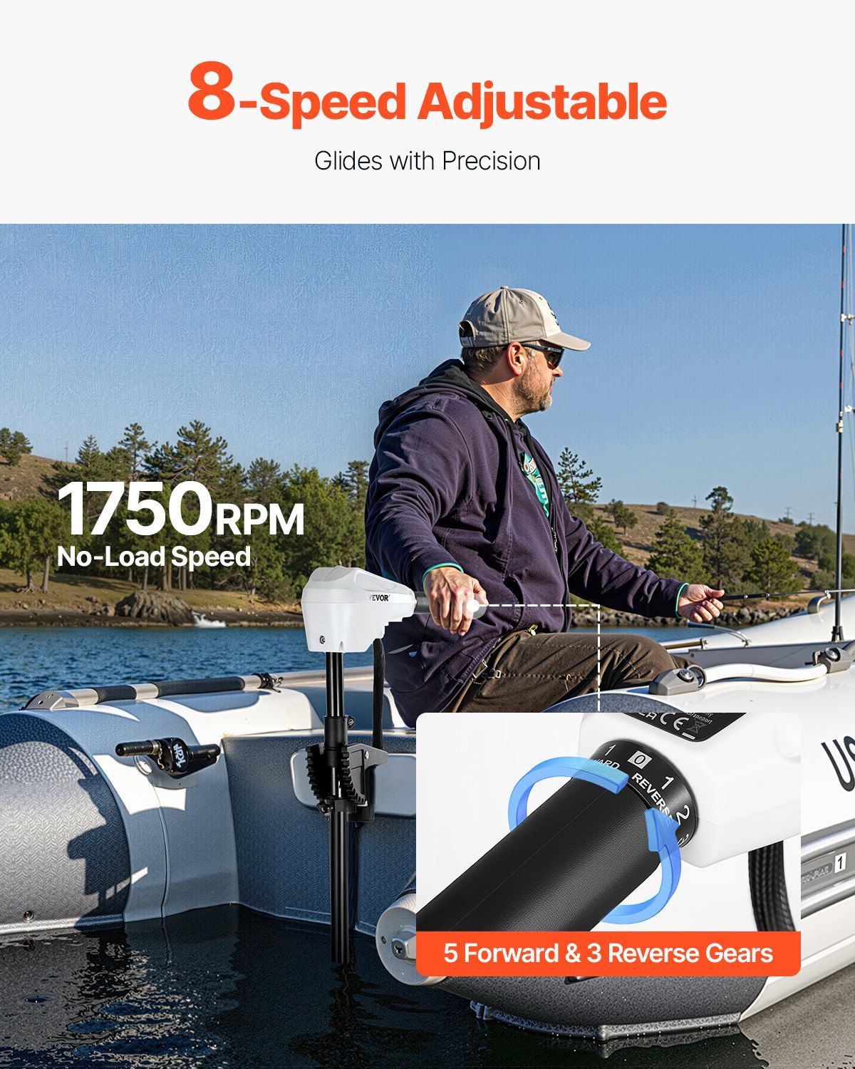 Electric Trolling Motor, Transom Mounted Outboard Boat Motors 12V 55lbs Thrust, 8-Speed Electric Boat Engine w/ Battery Indicator, for Kayaks, Fishing Boats on Freshwater/Saltwater, 30-In Shaft - Image 3