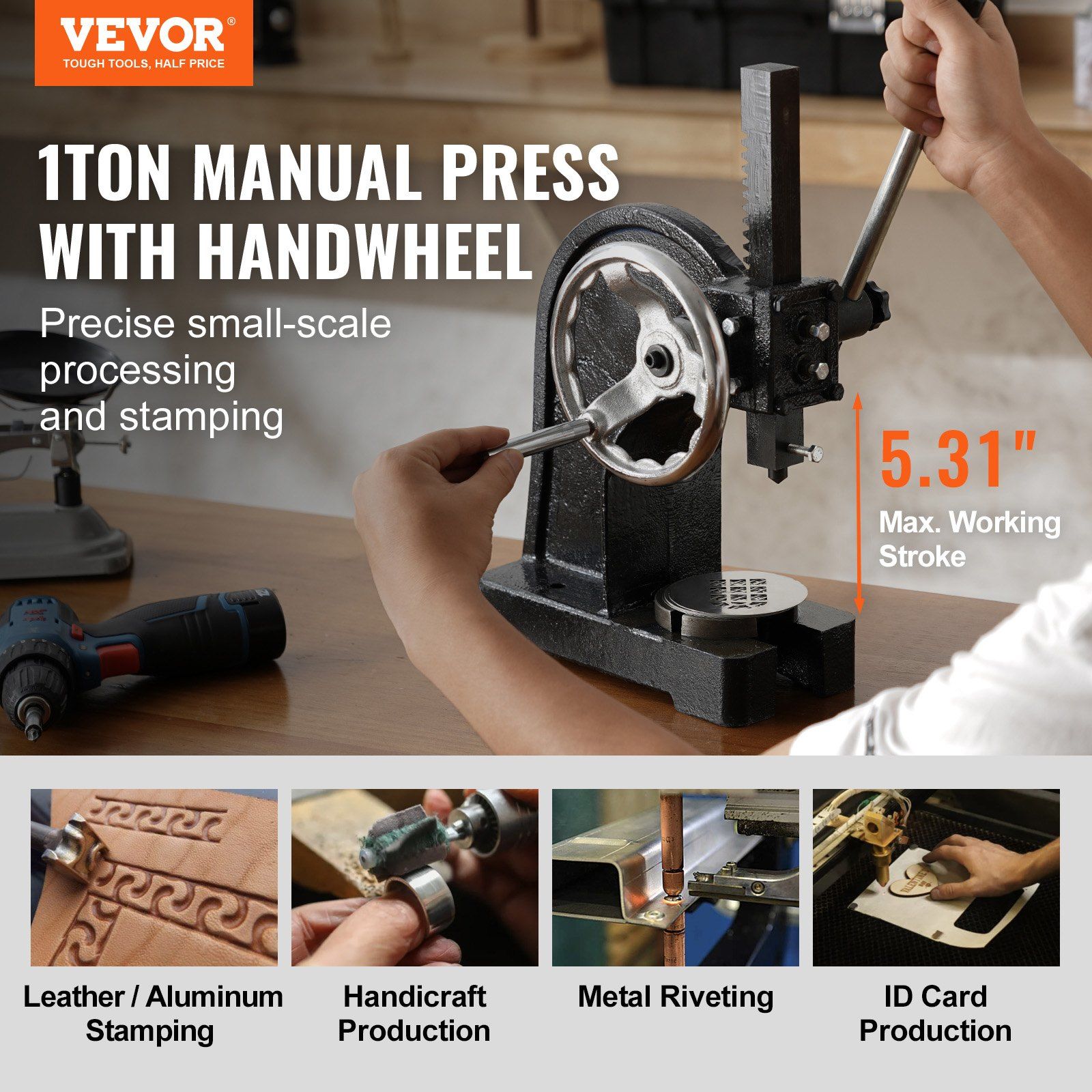 Arbor Press, 1 Ton Manual Arbor Press with Handwheel, 15cm Maximum Height, Cast Iron Heavy-duty Manual Desktop Arbor Press, Precision Hand Press for Stamping, Bending, Stretching, Forming - Image 2