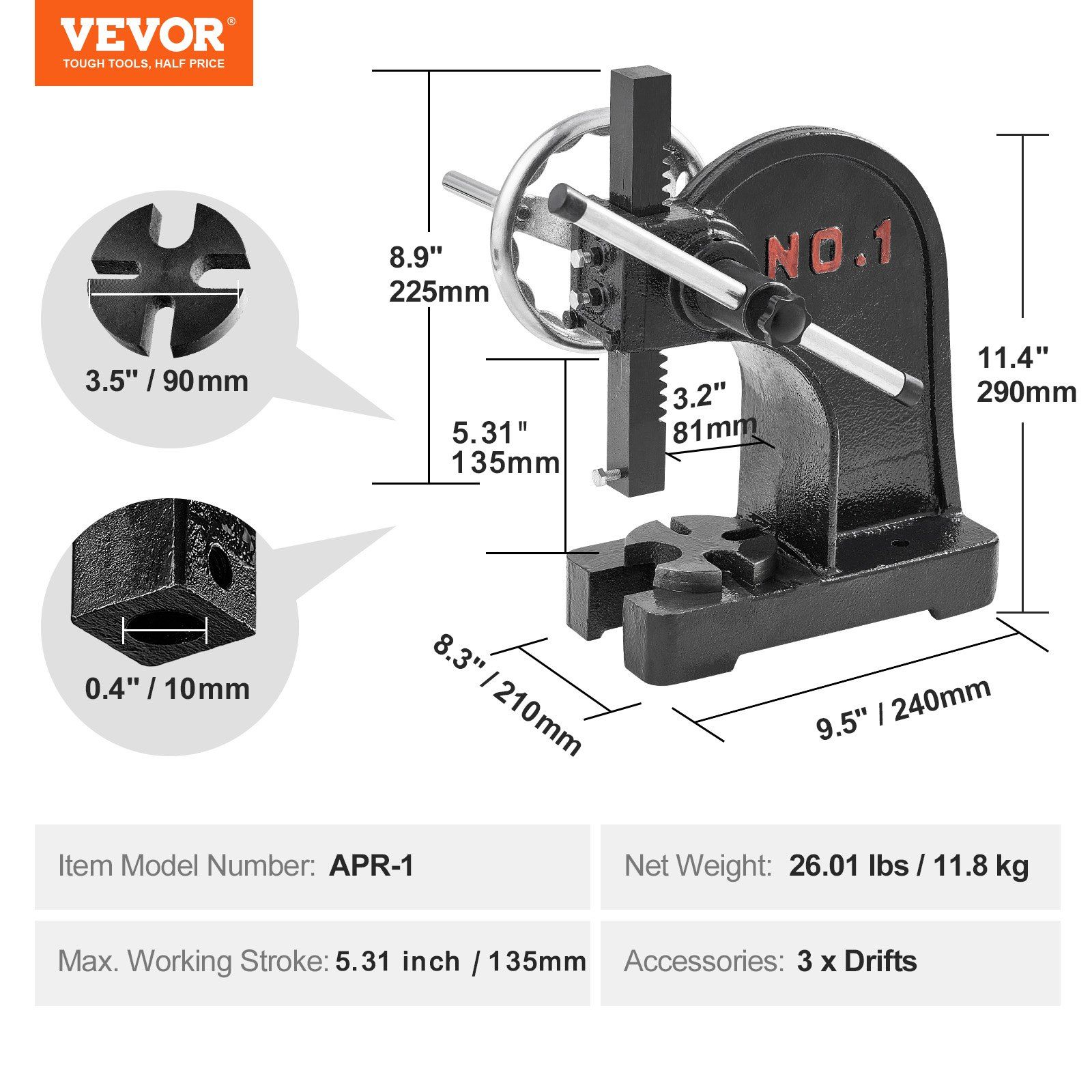 Arbor Press, 1 Ton Manual Arbor Press with Handwheel, 15cm Maximum Height, Cast Iron Heavy-duty Manual Desktop Arbor Press, Precision Hand Press for Stamping, Bending, Stretching, Forming - Image 7