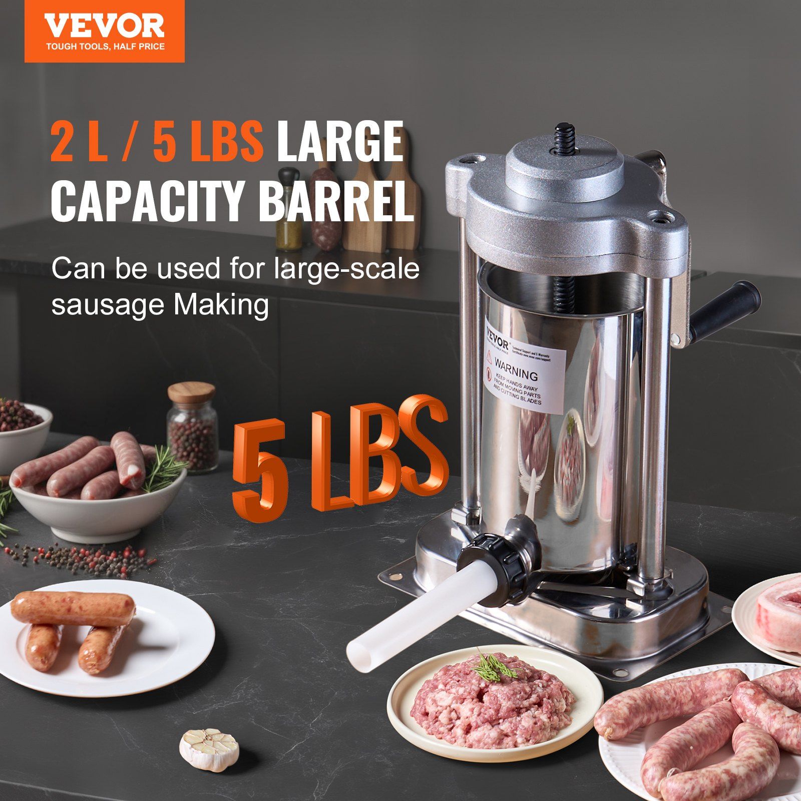 Manual Sausage Stuffer, 2 L / 5 LBS Vertical Sausage Machine with G-type Clamp, Food-Grade 304 Stainless Steel Barrel with 2 Stuffing Tubes, for Home Kitchen Restaurant Commercial - Image 2