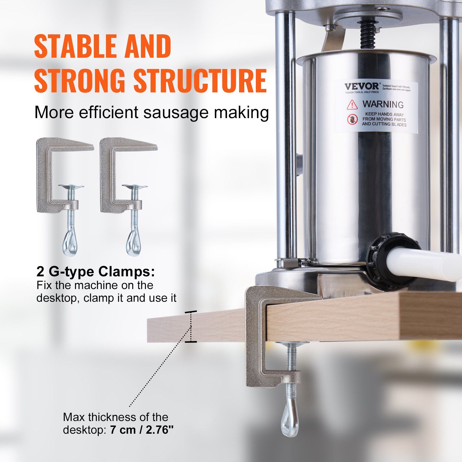 Manual Sausage Stuffer, 2 L / 5 LBS Vertical Sausage Machine with G-type Clamp, Food-Grade 304 Stainless Steel Barrel with 2 Stuffing Tubes, for Home Kitchen Restaurant Commercial - Image 3