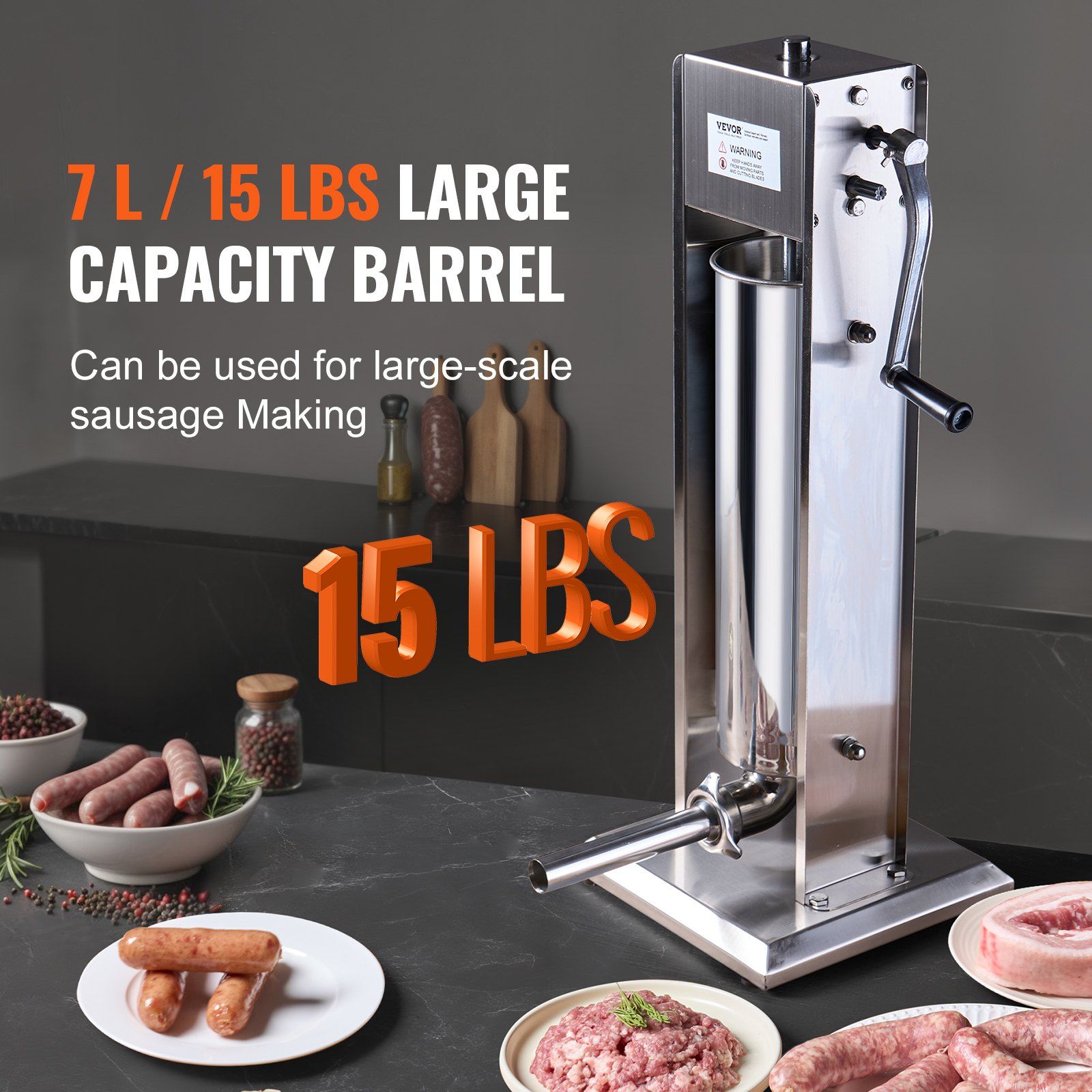 Manual Sausage Stuffer, 7 L / 15 LBS Vertical Sausage Machine, Dual-Speed Meat Stuffer, Made of Food-Grade 304 Stainless Steel, Includes 5 Stuffing Tubes, for Home Kitchen Restaurant Commercial - Image 4