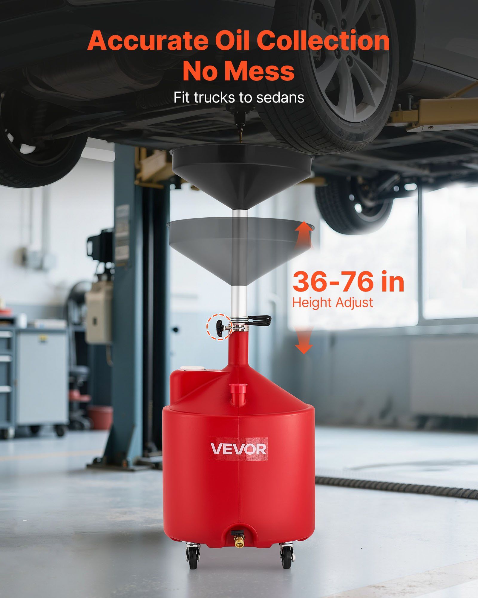 68L Waste Oil Drain Tank, Industrial Fluid Drain Tank with Adjustable Funnel Height, Portable Oil Drainer with Wheels, Fluid Fuel Transfer Drainage for Auto Repair Shops, Garages, Red - Image 2