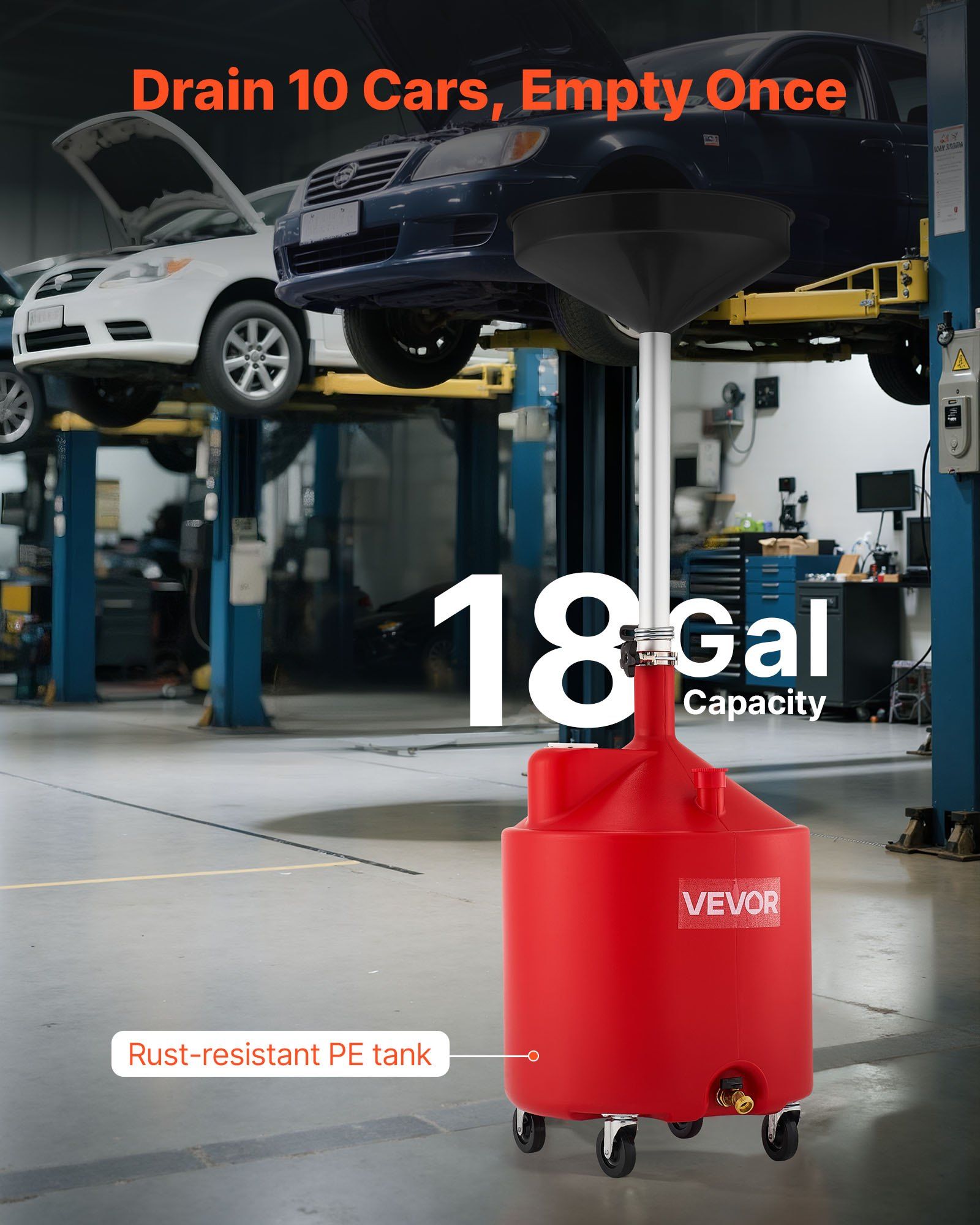 68L Waste Oil Drain Tank, Industrial Fluid Drain Tank with Adjustable Funnel Height, Portable Oil Drainer with Wheels, Fluid Fuel Transfer Drainage for Auto Repair Shops, Garages, Red - Image 3