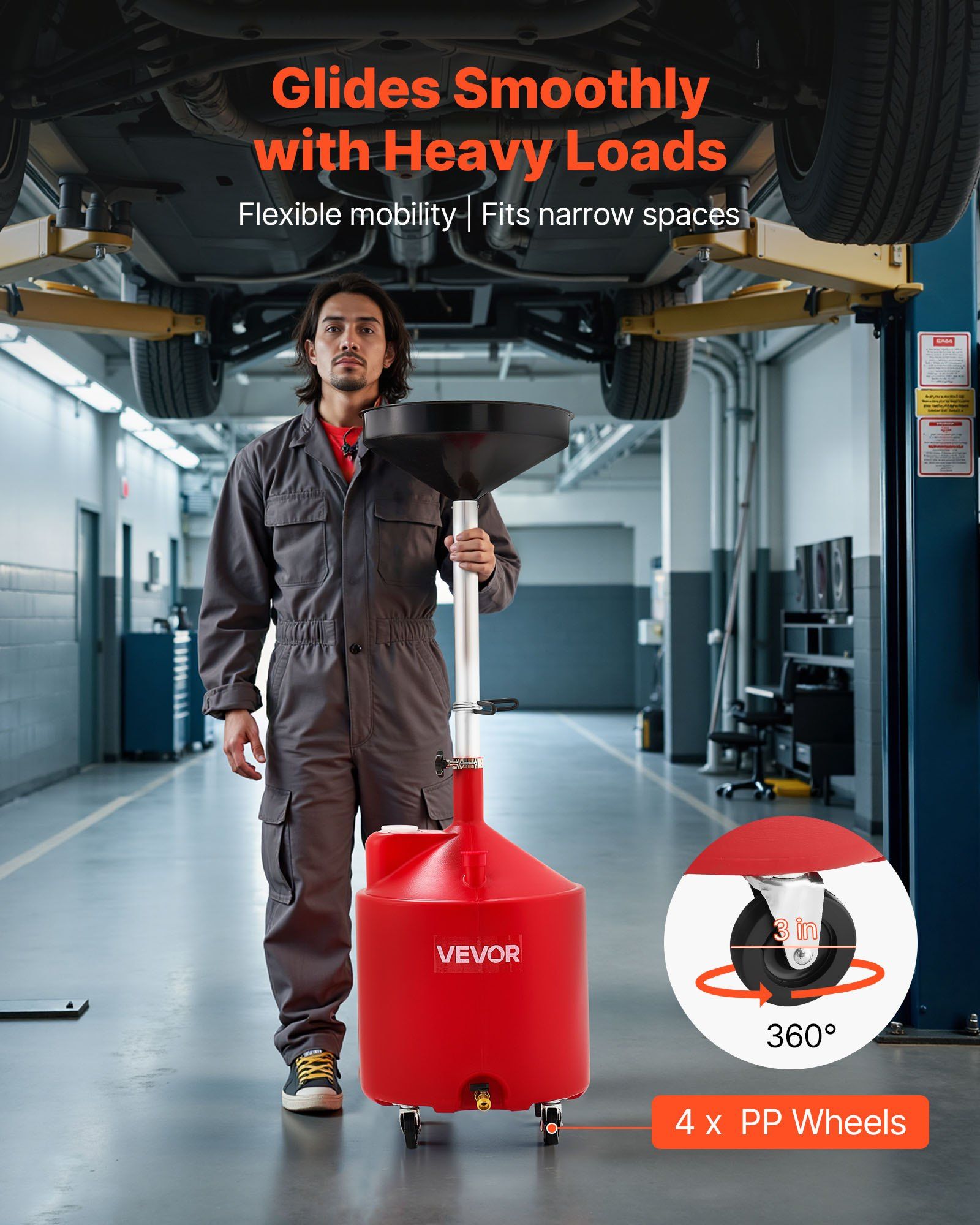 68L Waste Oil Drain Tank, Industrial Fluid Drain Tank with Adjustable Funnel Height, Portable Oil Drainer with Wheels, Fluid Fuel Transfer Drainage for Auto Repair Shops, Garages, Red - Image 4