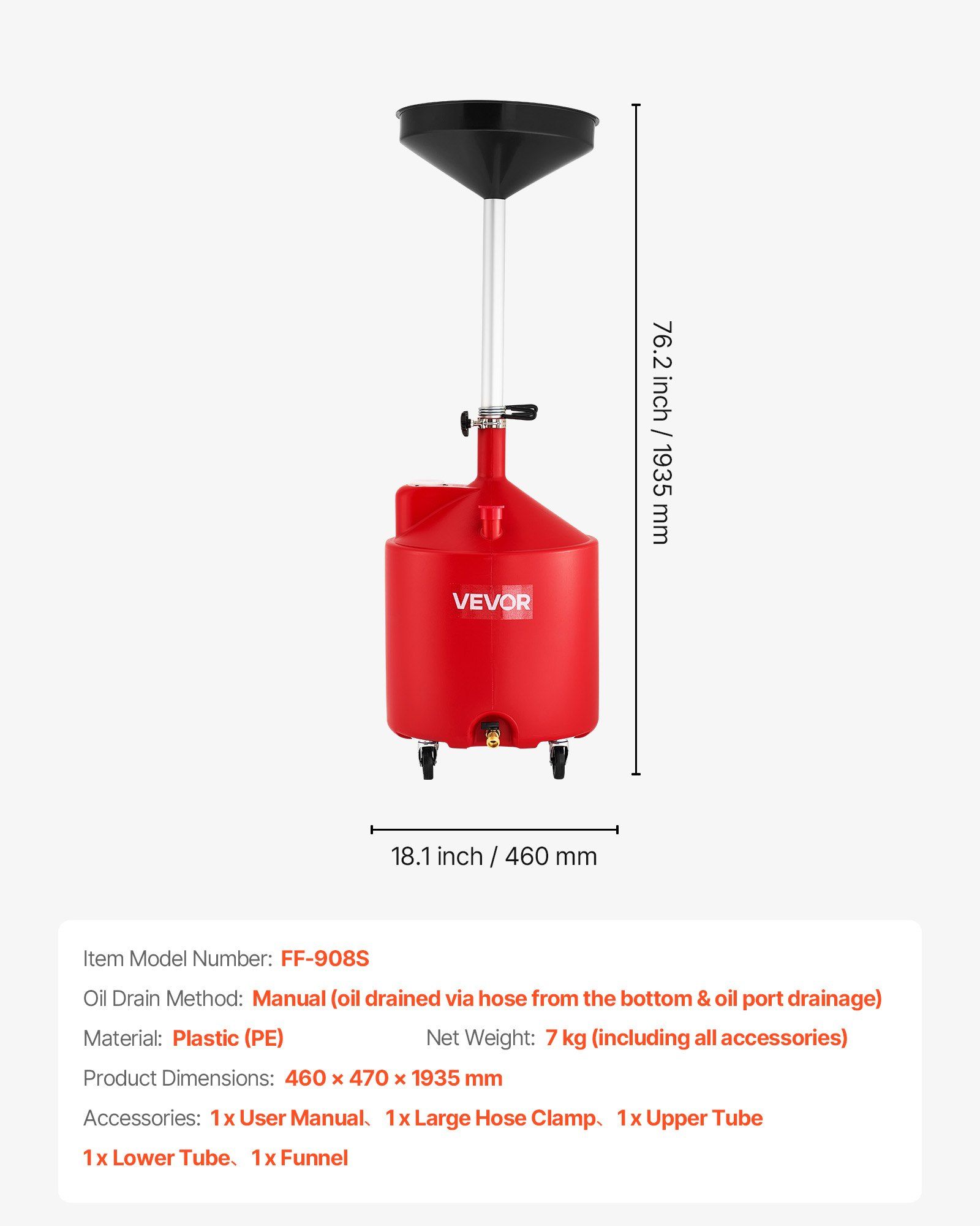 68L Waste Oil Drain Tank, Industrial Fluid Drain Tank with Adjustable Funnel Height, Portable Oil Drainer with Wheels, Fluid Fuel Transfer Drainage for Auto Repair Shops, Garages, Red - Image 7
