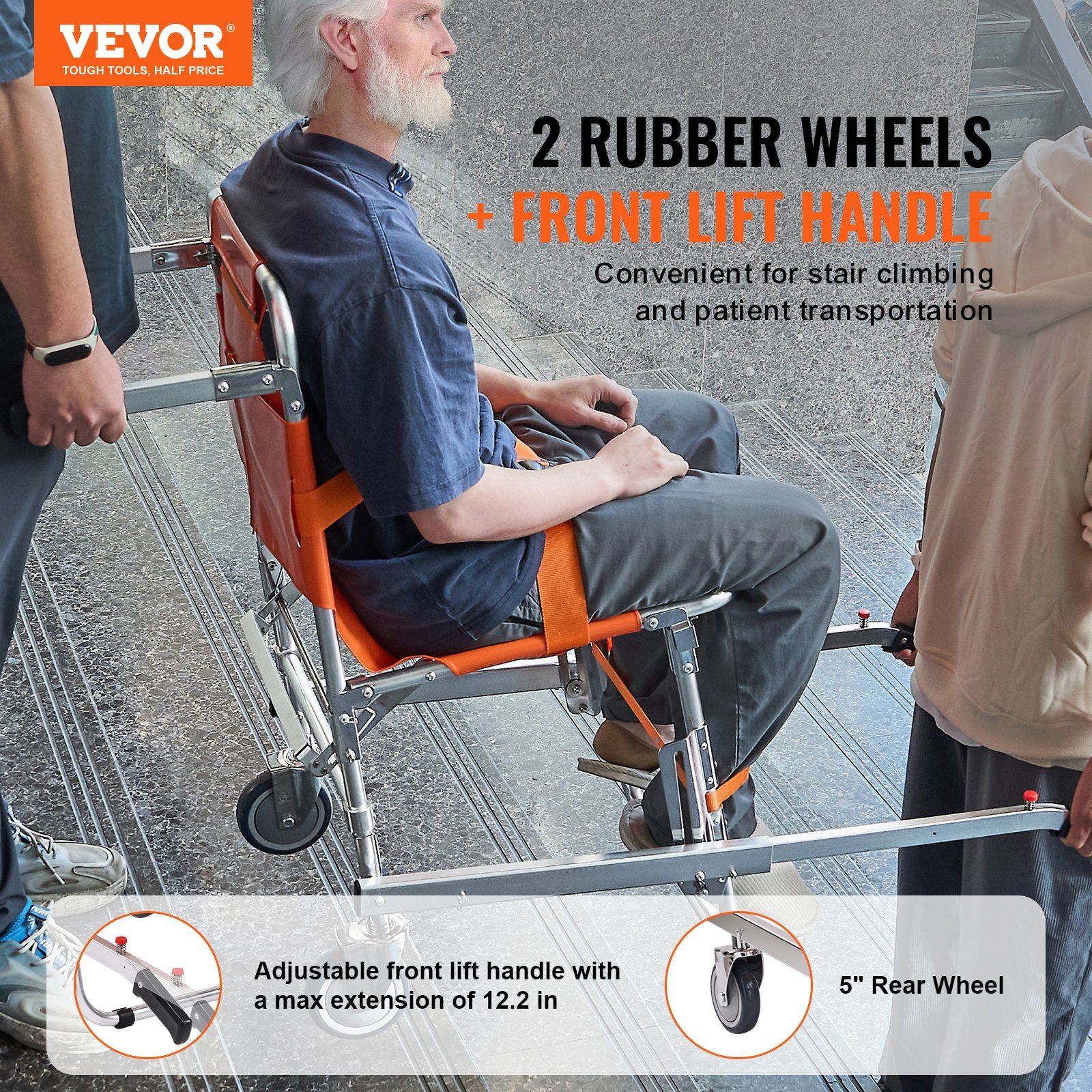 EMS Stair Chair, 159 kg Load Capacity, Foldable Aluminum Emergency Stair Climbing Wheelchair with 2 Wheels, Portable Stair Lift Chair Ambulance Firefighter Evacuation Use for Elderly, Disabled - Image 2