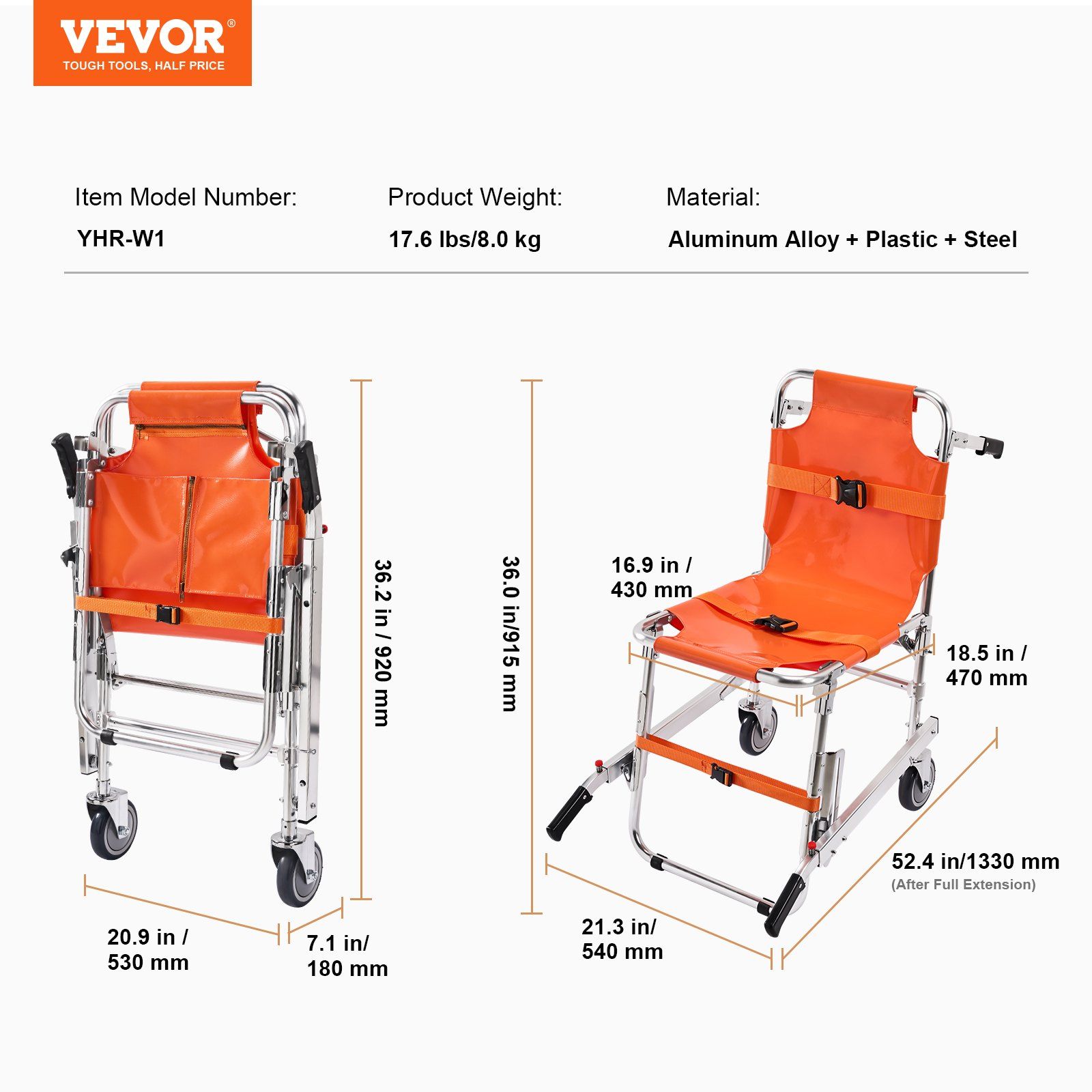 EMS Stair Chair, 159 kg Load Capacity, Foldable Aluminum Emergency Stair Climbing Wheelchair with 2 Wheels, Portable Stair Lift Chair Ambulance Firefighter Evacuation Use for Elderly, Disabled - Image 7