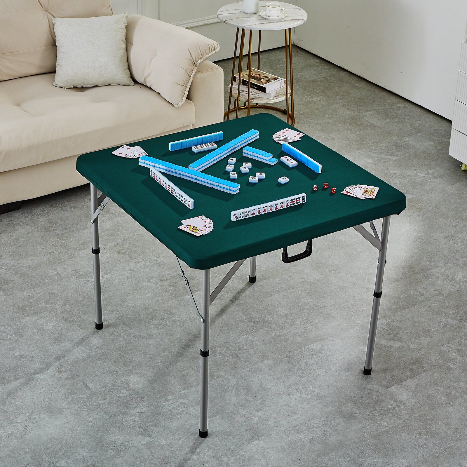 Mahjong Table, Fold-in-Half 4 Player Card Table with Wear-Resistant Green Tabletop, Portable Bi-Folding Square Domino Table with Carrying Handle for Outdoor Camping Picnic Party, 90 x90-inch - Image 8