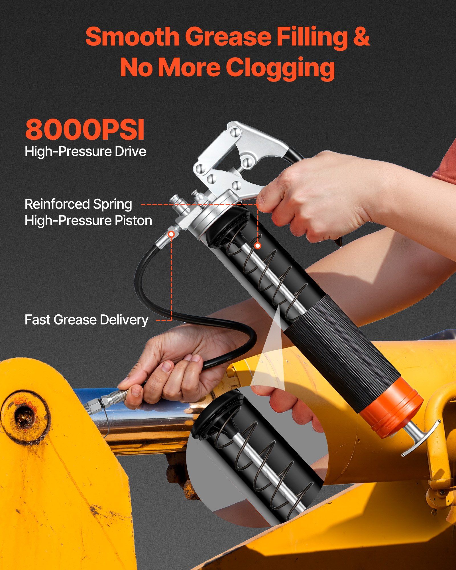 Grease Gun, 8000 PSI High Pressure, Heavy Duty Pistol Grip Grease Gun Kit with 0.4 L Capacity, Includes 46 cm Flex Hose, 1 Extension Rigid Pipe and 1 Sharp Type Nozzle for Automotive, Marine - Image 2