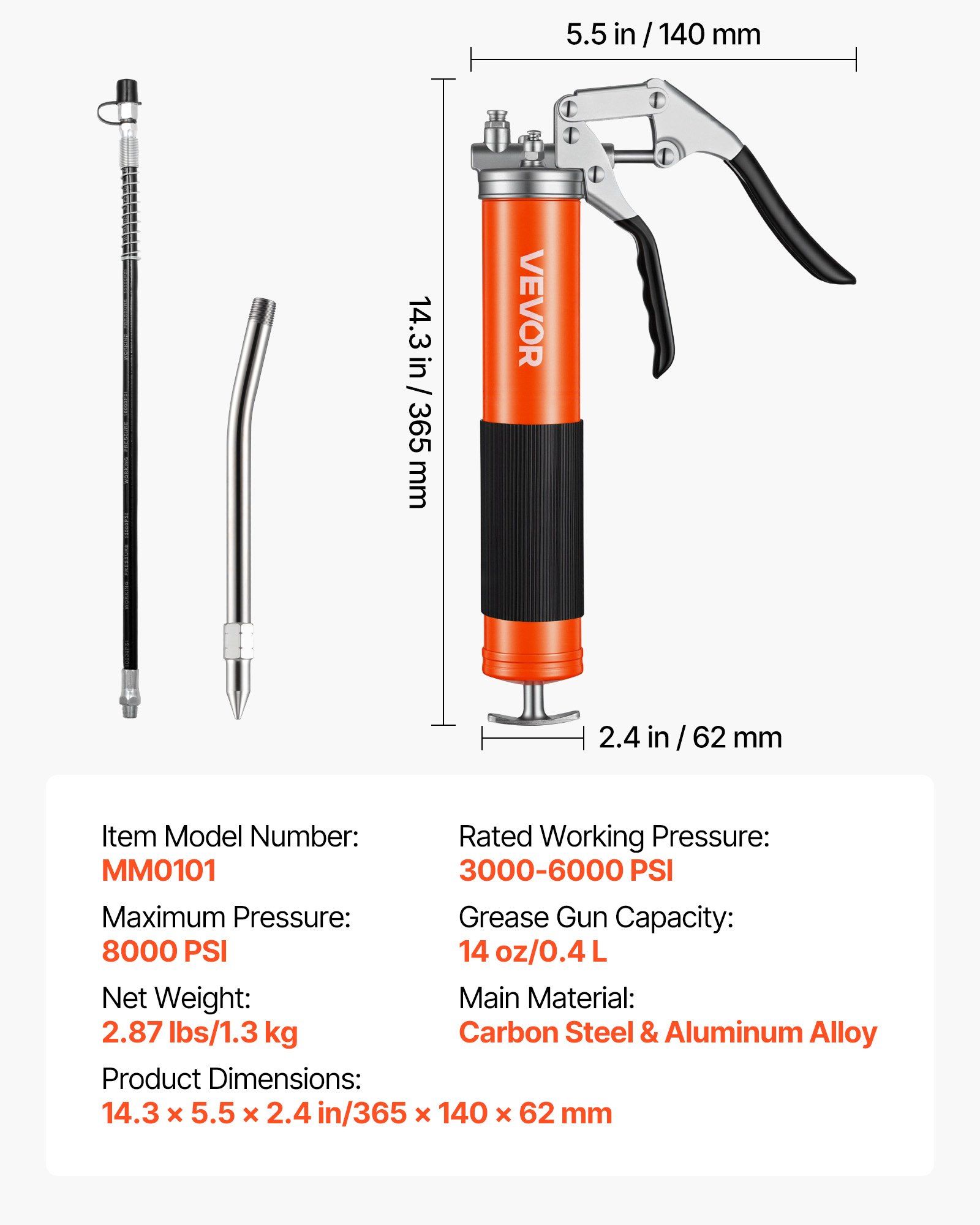 Grease Gun, 8000 PSI High Pressure, Heavy Duty Pistol Grip Grease Gun Kit with 0.4 L Capacity, Includes 46 cm Flex Hose, 1 Extension Rigid Pipe and 1 Sharp Type Nozzle for Automotive, Marine - Image 7