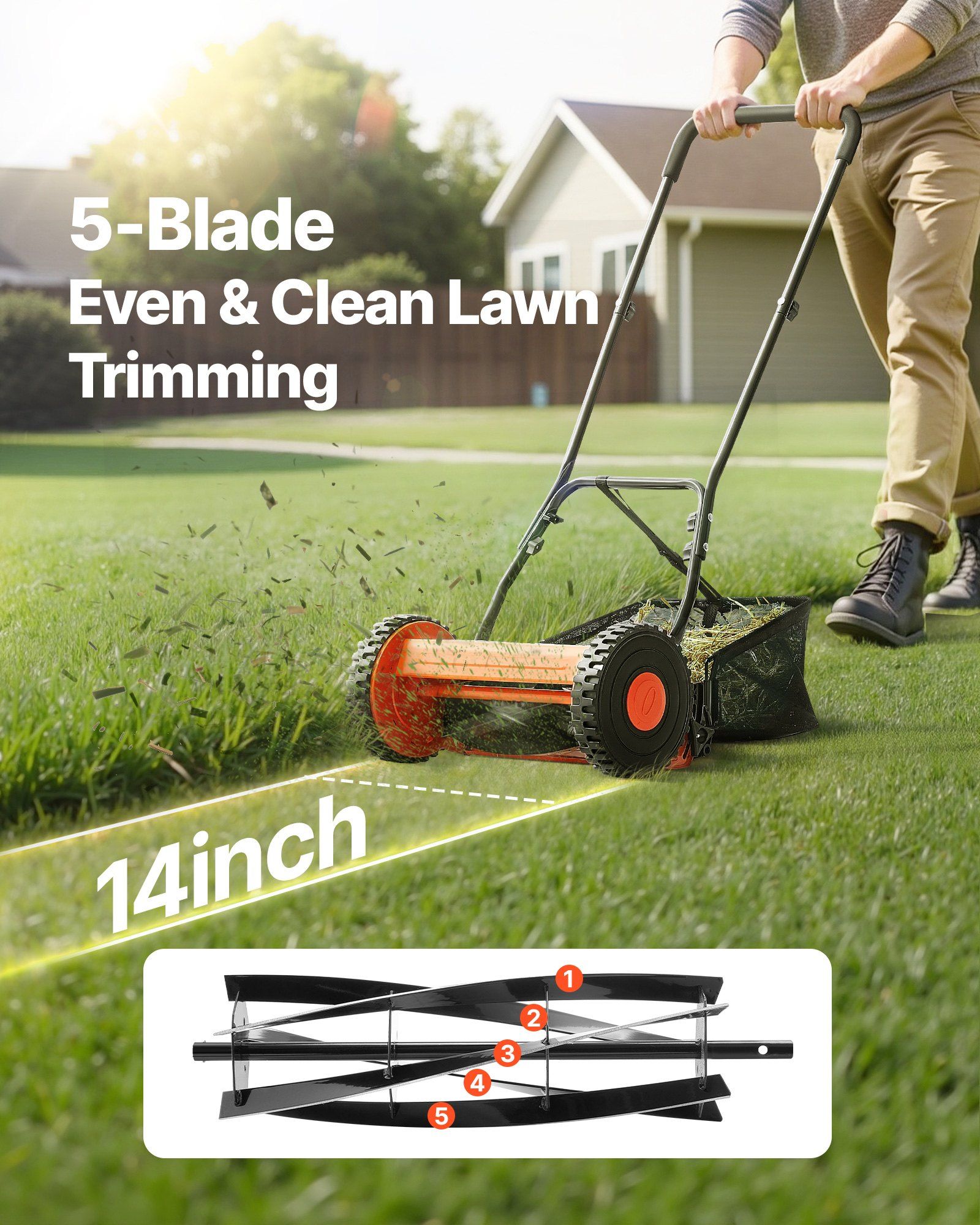 Push Reel Lawn Mower 35 cm, 5 Blades Manual Push Mower No Motor, 15-45 mm Adjustable Cutting Height, Walk-Behind Lawn Mowers with Grass Catcher Bag for Green Lawns, Driveways, Courtyards - Image 2