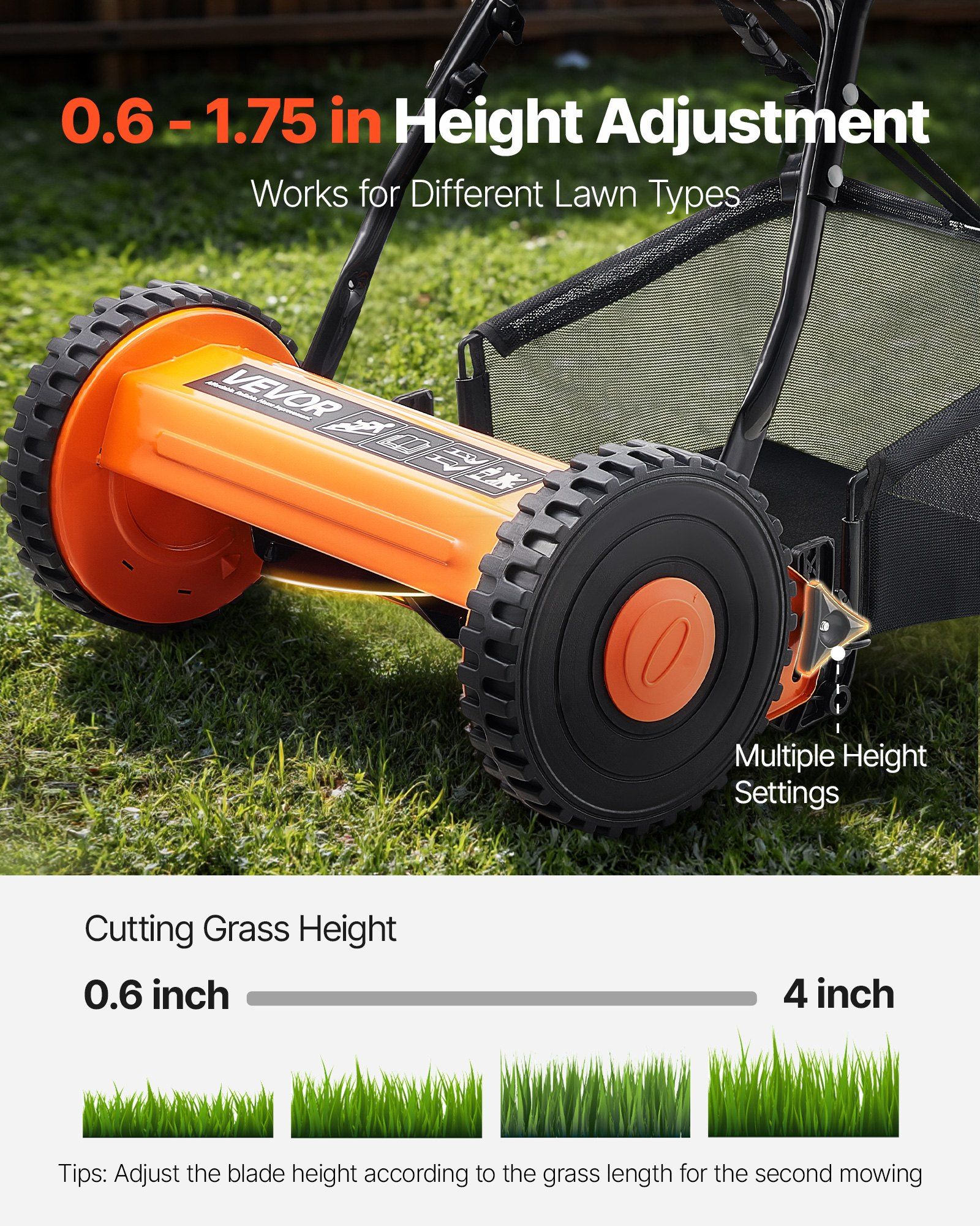 Push Reel Lawn Mower 35 cm, 5 Blades Manual Push Mower No Motor, 15-45 mm Adjustable Cutting Height, Walk-Behind Lawn Mowers with Grass Catcher Bag for Green Lawns, Driveways, Courtyards - Image 4