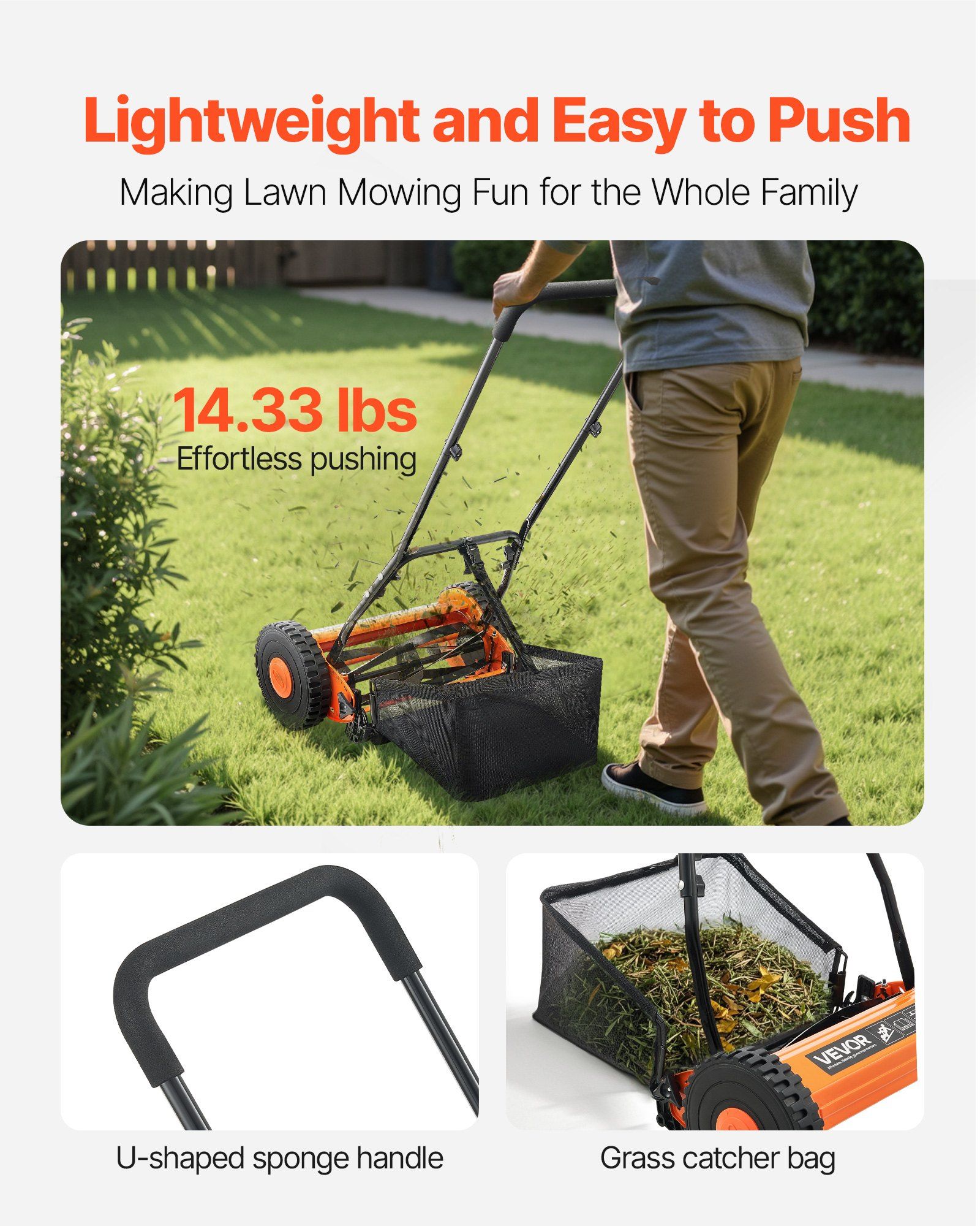 Push Reel Lawn Mower 35 cm, 5 Blades Manual Push Mower No Motor, 15-45 mm Adjustable Cutting Height, Walk-Behind Lawn Mowers with Grass Catcher Bag for Green Lawns, Driveways, Courtyards - Image 5