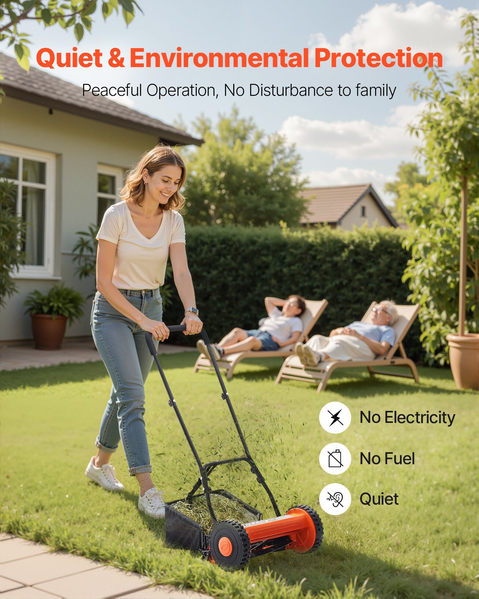 Push Reel Lawn Mower 35 cm, 5 Blades Manual Push Mower No Motor, 15-45 mm Adjustable Cutting Height, Walk-Behind Lawn Mowers with Grass Catcher Bag for Green Lawns, Driveways, Courtyards - Image 6