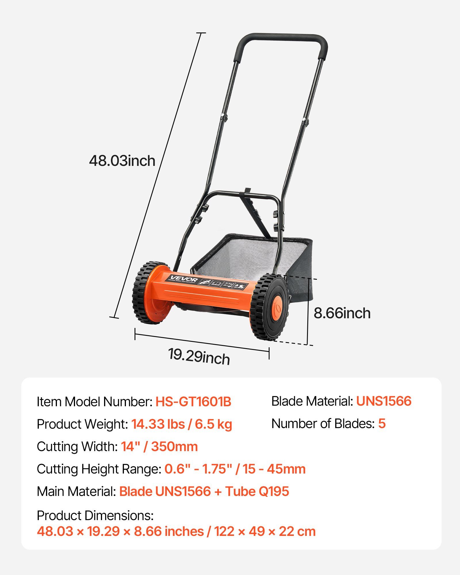Push Reel Lawn Mower 35 cm, 5 Blades Manual Push Mower No Motor, 15-45 mm Adjustable Cutting Height, Walk-Behind Lawn Mowers with Grass Catcher Bag for Green Lawns, Driveways, Courtyards - Image 7