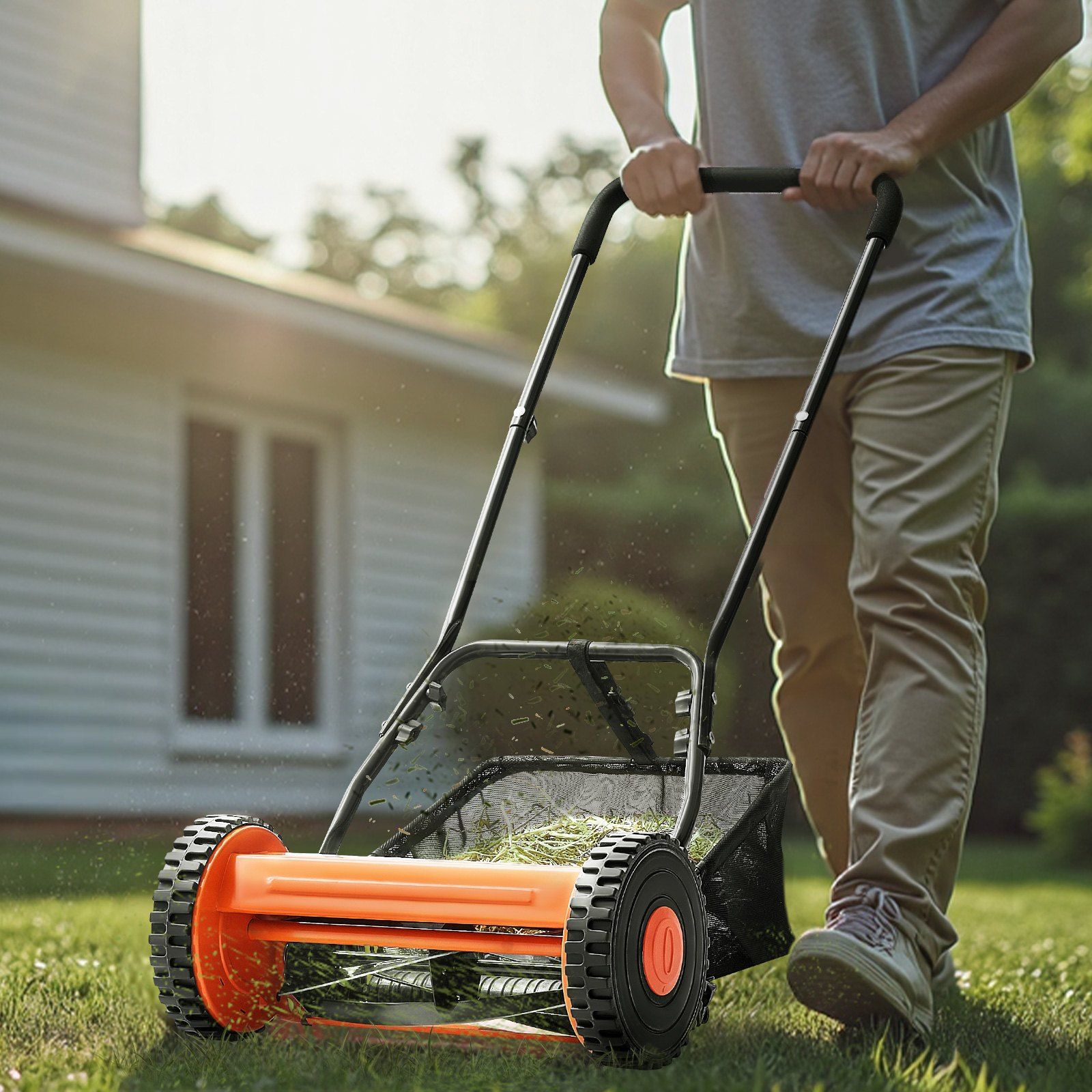 Push Reel Lawn Mower 35 cm, 5 Blades Manual Push Mower No Motor, 15-45 mm Adjustable Cutting Height, Walk-Behind Lawn Mowers with Grass Catcher Bag for Green Lawns, Driveways, Courtyards - Image 8