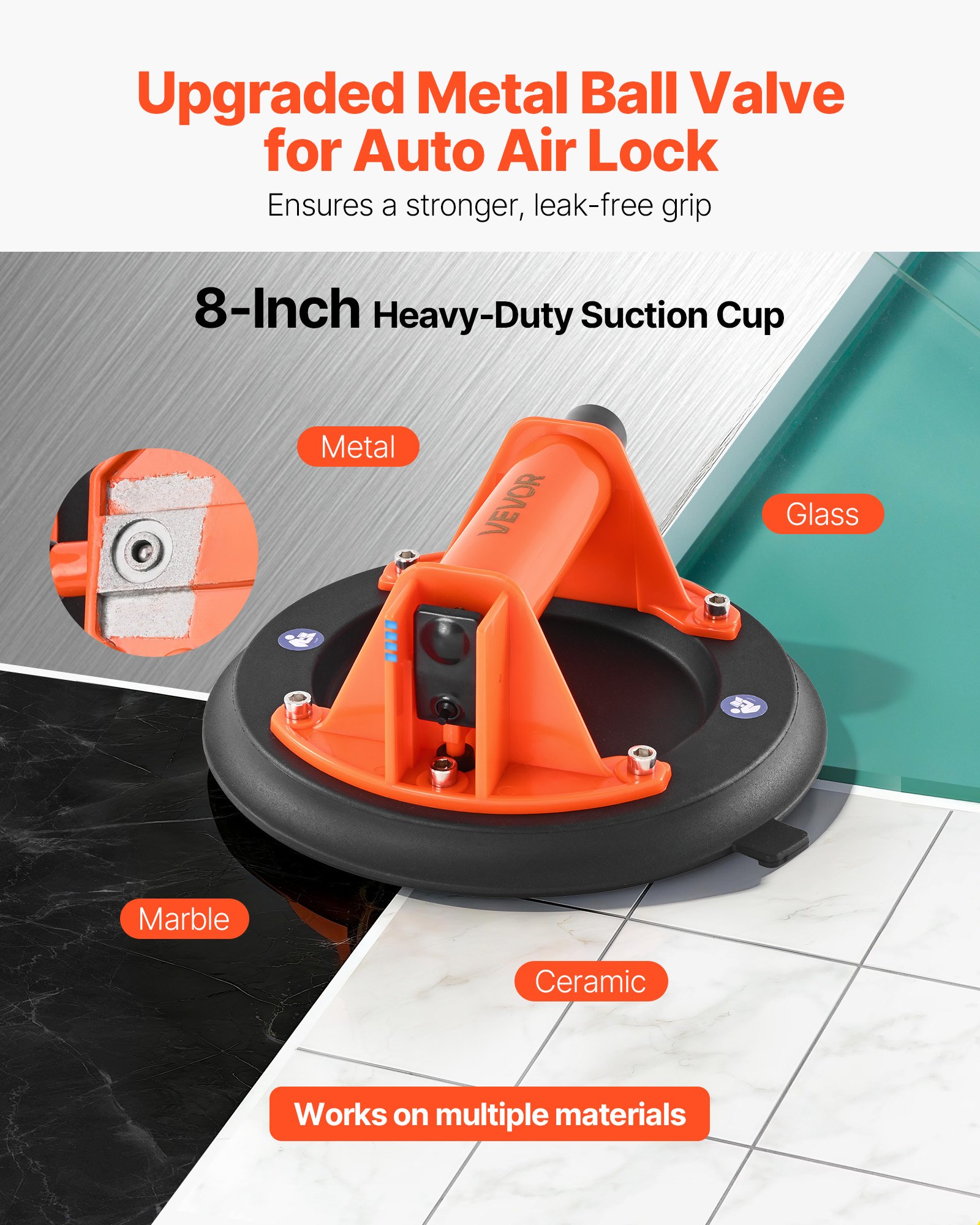 Vacuum Suction Cup, 203 mm Vacuum Glass Lifter with ABS Handle, 180 kg Max Lifting Capacity Tile Suction Cup Tool with Carrying Case for Lifting Large Tile, Granite, Drywall, Windows (1-Pack) - Image 2