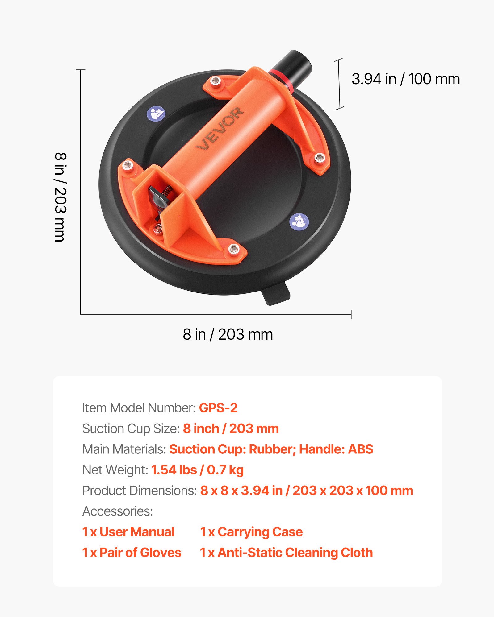 Vacuum Suction Cup, 203 mm Vacuum Glass Lifter with ABS Handle, 180 kg Max Lifting Capacity Tile Suction Cup Tool with Carrying Case for Lifting Large Tile, Granite, Drywall, Windows (1-Pack) - Image 7
