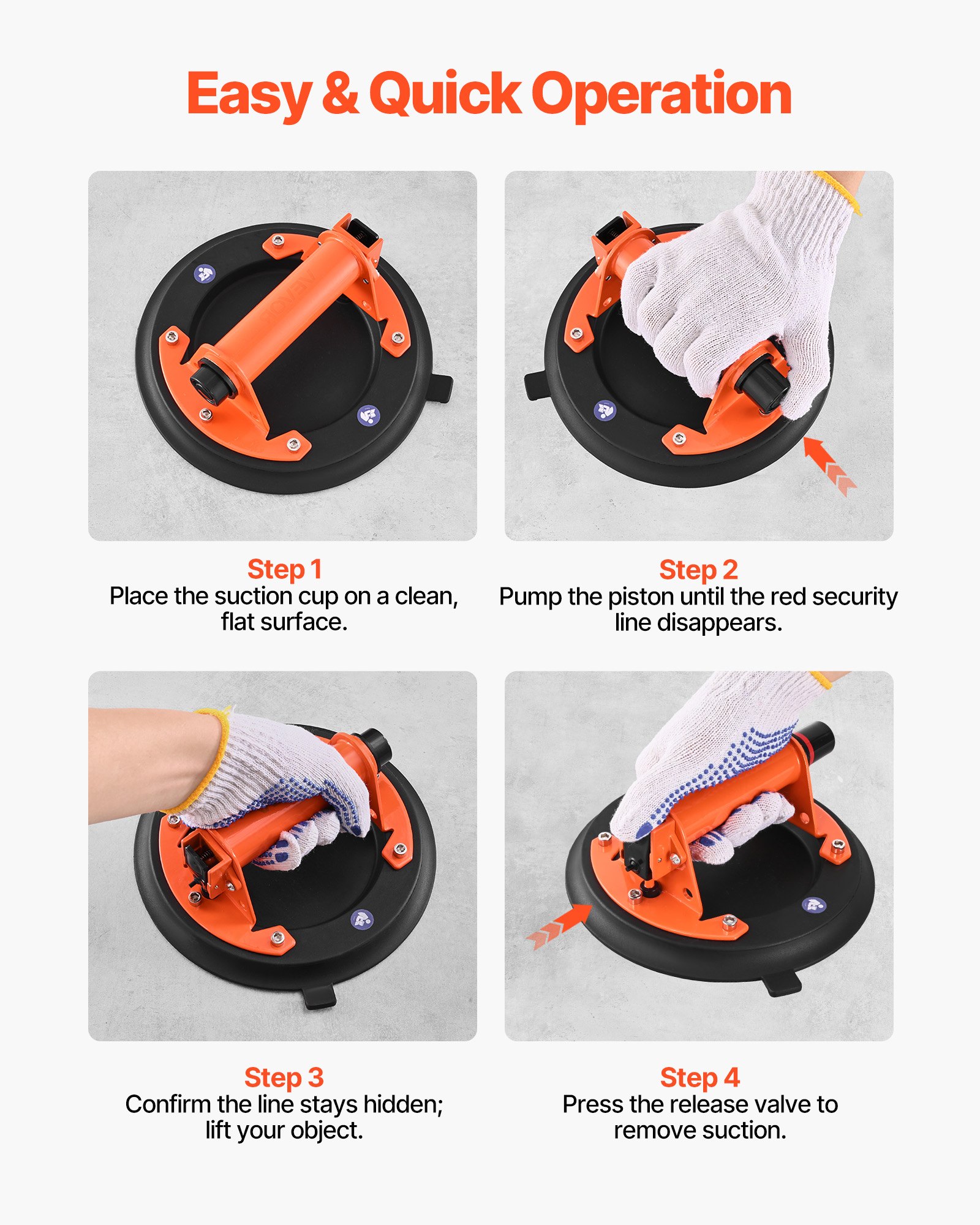 Vacuum Suction Cup, 203 mm Vacuum Glass Lifter with Metal Handle, 195 kg Max Lifting Capacity Tile Suction Cup Tool with Carrying Case for Lifting Large Tile, Granite, Drywall, Windows (2-Pack) - Image 4