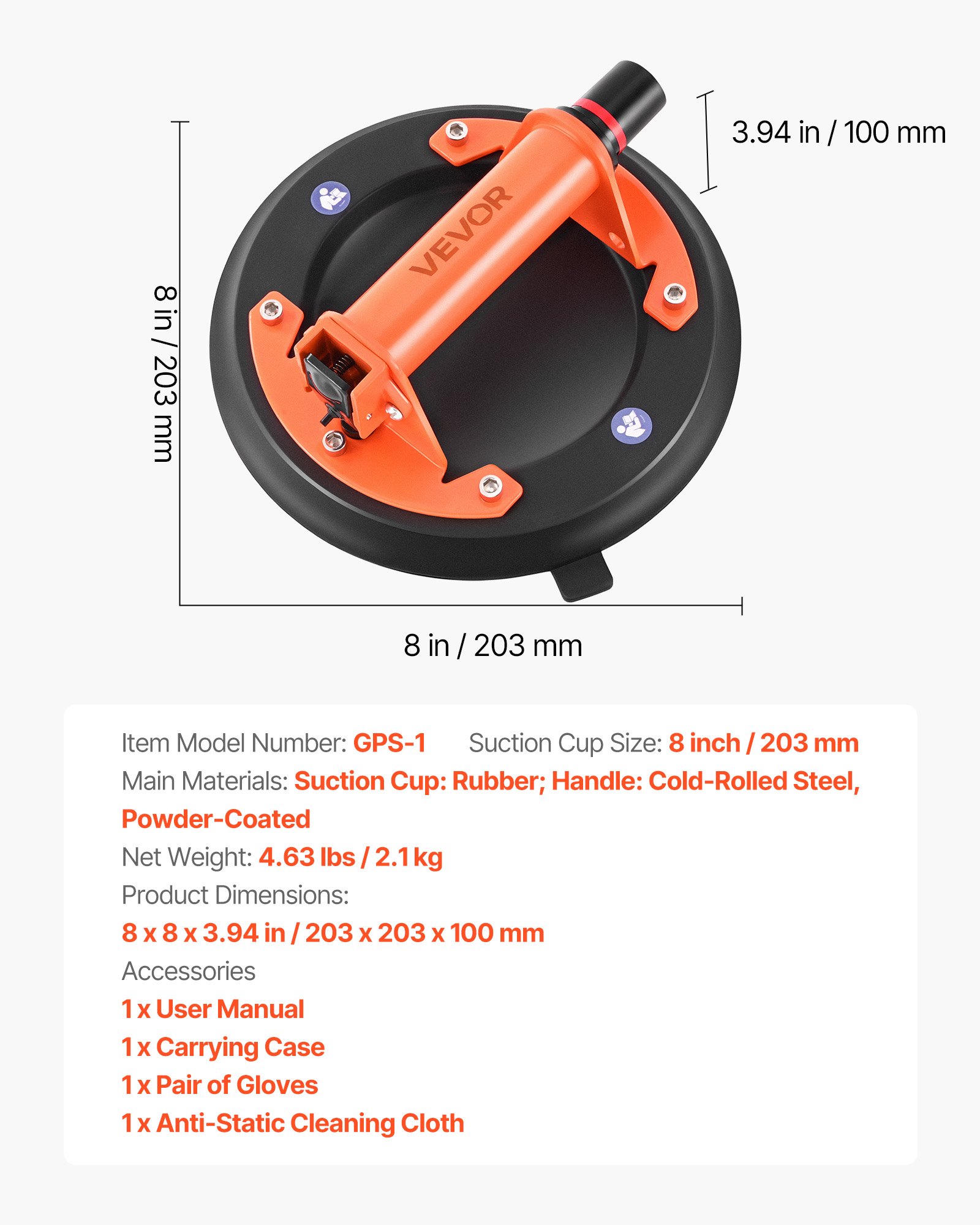 Vacuum Suction Cup, 203 mm Vacuum Glass Lifter with Metal Handle, 195 kg Max Lifting Capacity Tile Suction Cup Tool with Carrying Case for Lifting Large Tile, Granite, Drywall, Windows (2-Pack) - Image 7