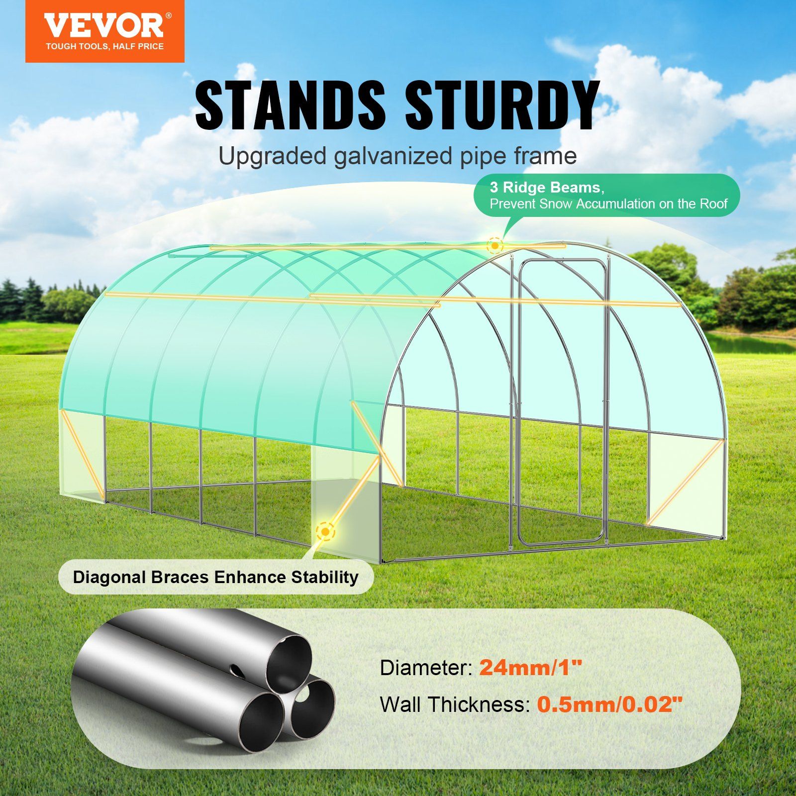 Walk-in Tunnel Greenhouse, 19.4x9.7x7.4 ft Hoop House Greenhouse Tunnel, Plant Hot House with Galvanized Steel Frame, Green PE Cover, Swing Door and 12 Roll-up Windows for Outdoor - Image 2