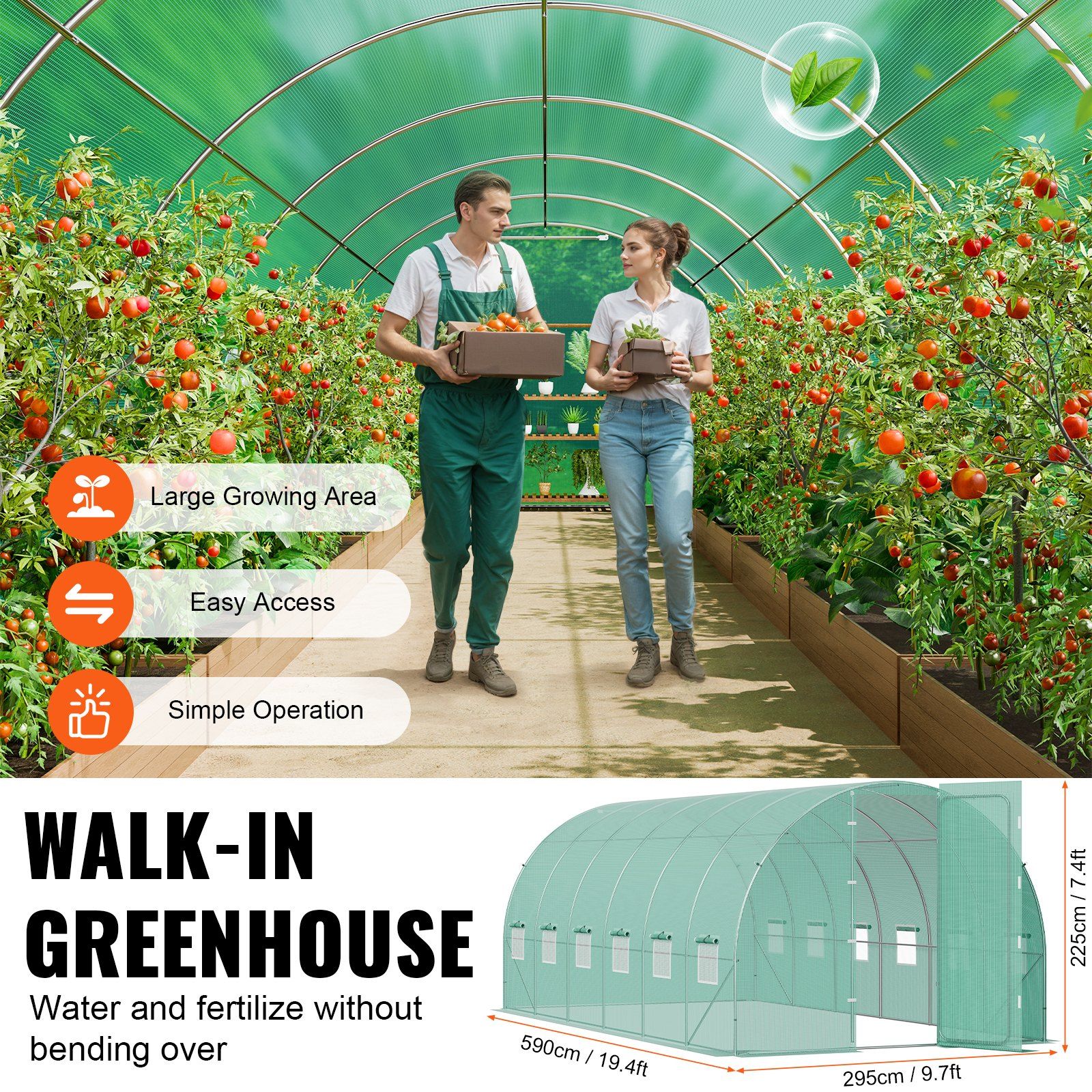 Walk-in Tunnel Greenhouse, 19.4x9.7x7.4 ft Hoop House Greenhouse Tunnel, Plant Hot House with Galvanized Steel Frame, Green PE Cover, Swing Door and 12 Roll-up Windows for Outdoor - Image 6