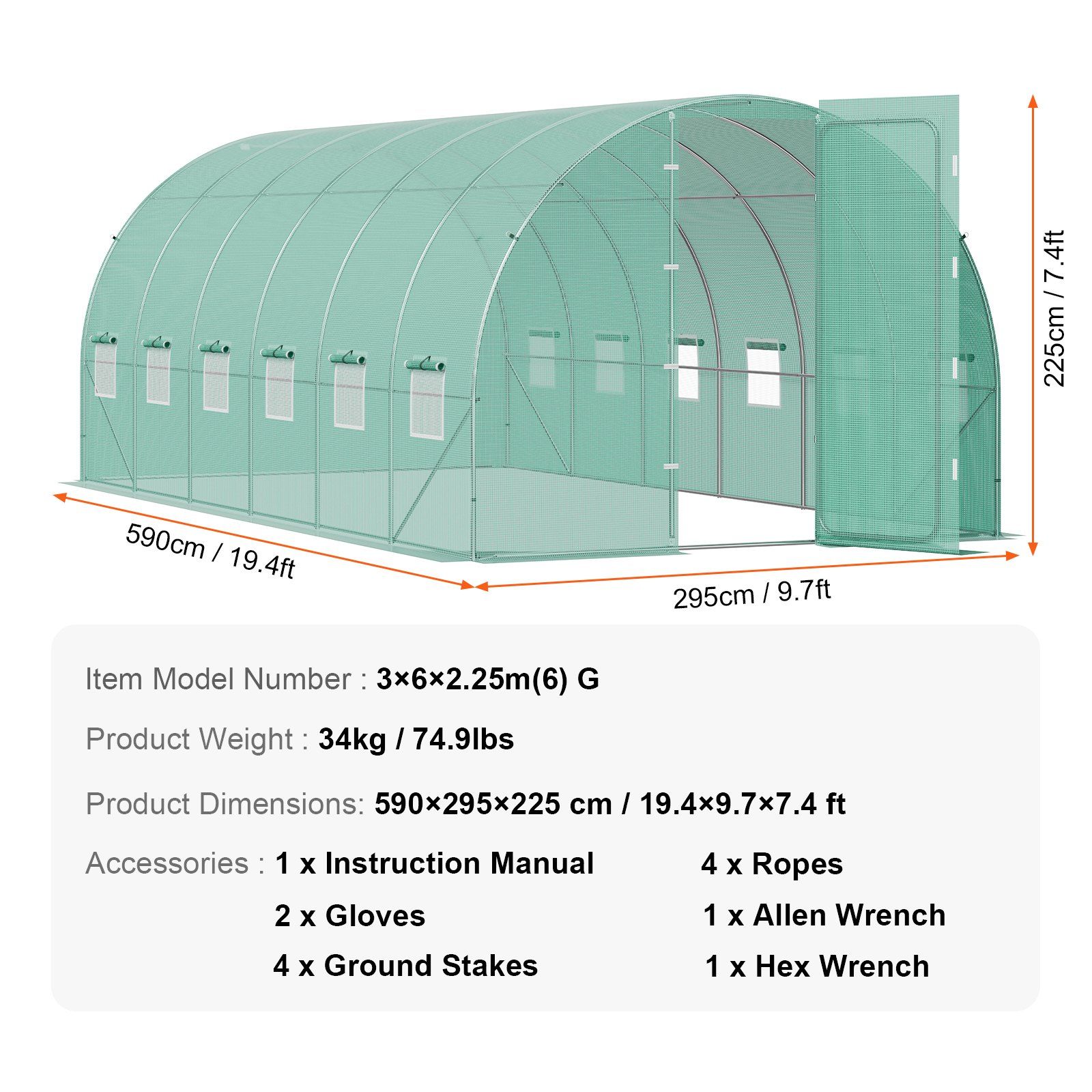 Walk-in Tunnel Greenhouse, 19.4x9.7x7.4 ft Hoop House Greenhouse Tunnel, Plant Hot House with Galvanized Steel Frame, Green PE Cover, Swing Door and 12 Roll-up Windows for Outdoor - Image 7