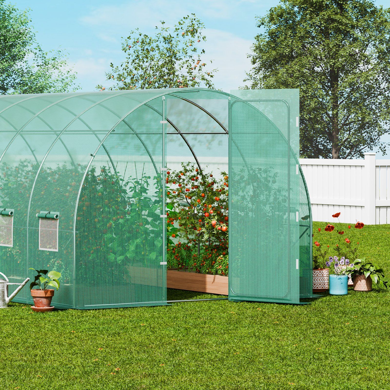 Walk-in Tunnel Greenhouse, 19.4x9.7x7.4 ft Hoop House Greenhouse Tunnel, Plant Hot House with Galvanized Steel Frame, Green PE Cover, Swing Door and 12 Roll-up Windows for Outdoor - Image 8