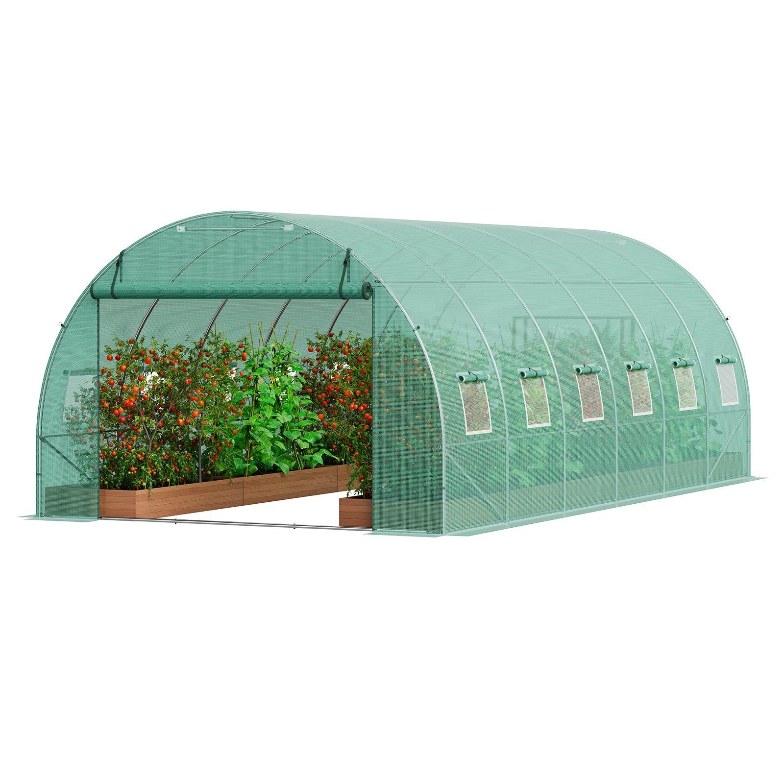 Walk-in Tunnel Greenhouse, 19.4x9.7x6.5 ft Hoop House Greenhouse Tunnel, Plant Hot House with Galvanized Steel Frame, Green PE Cover, Roll-up Zipper Door and 12 Windows for Outdoor - Image 1