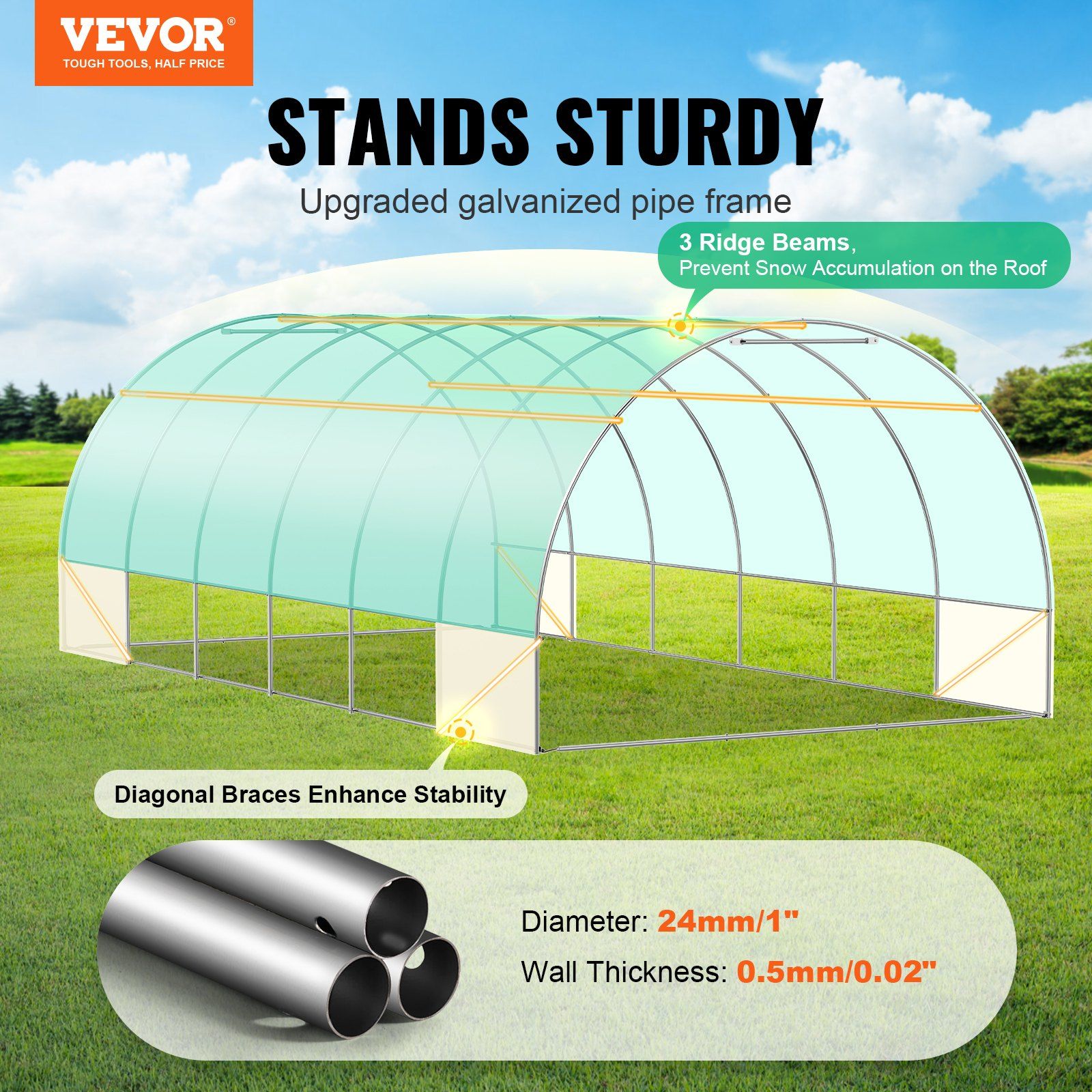 Walk-in Tunnel Greenhouse, 19.4x9.7x6.5 ft Hoop House Greenhouse Tunnel, Plant Hot House with Galvanized Steel Frame, Green PE Cover, Roll-up Zipper Door and 12 Windows for Outdoor - Image 2
