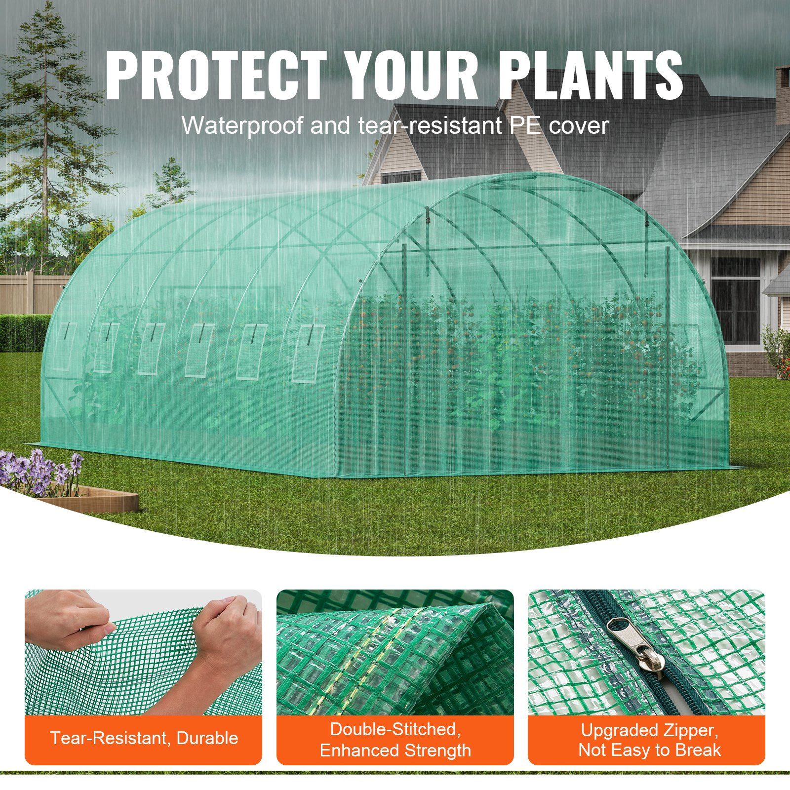 Walk-in Tunnel Greenhouse, 19.4x9.7x6.5 ft Hoop House Greenhouse Tunnel, Plant Hot House with Galvanized Steel Frame, Green PE Cover, Roll-up Zipper Door and 12 Windows for Outdoor - Image 3