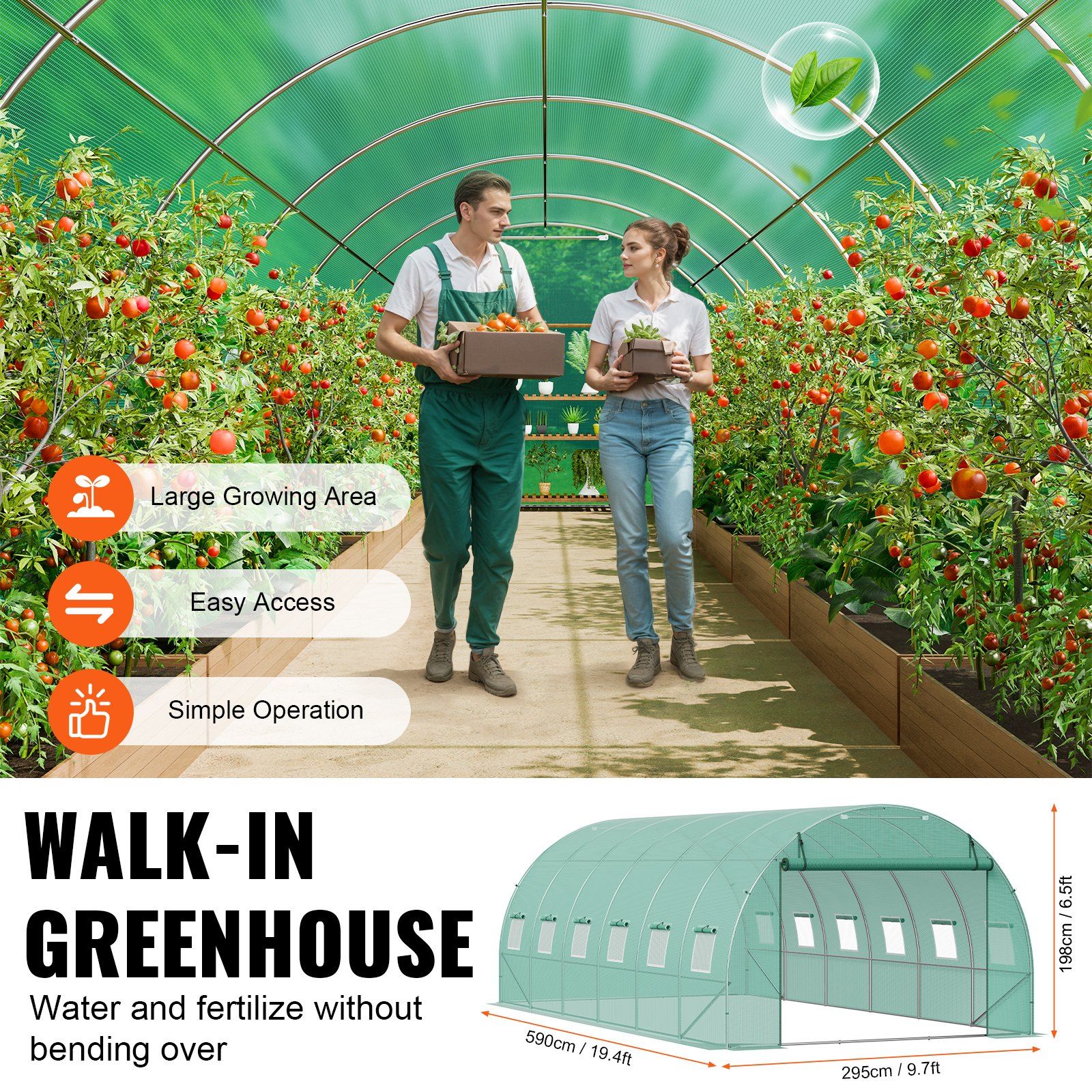 Walk-in Tunnel Greenhouse, 19.4x9.7x6.5 ft Hoop House Greenhouse Tunnel, Plant Hot House with Galvanized Steel Frame, Green PE Cover, Roll-up Zipper Door and 12 Windows for Outdoor - Image 5