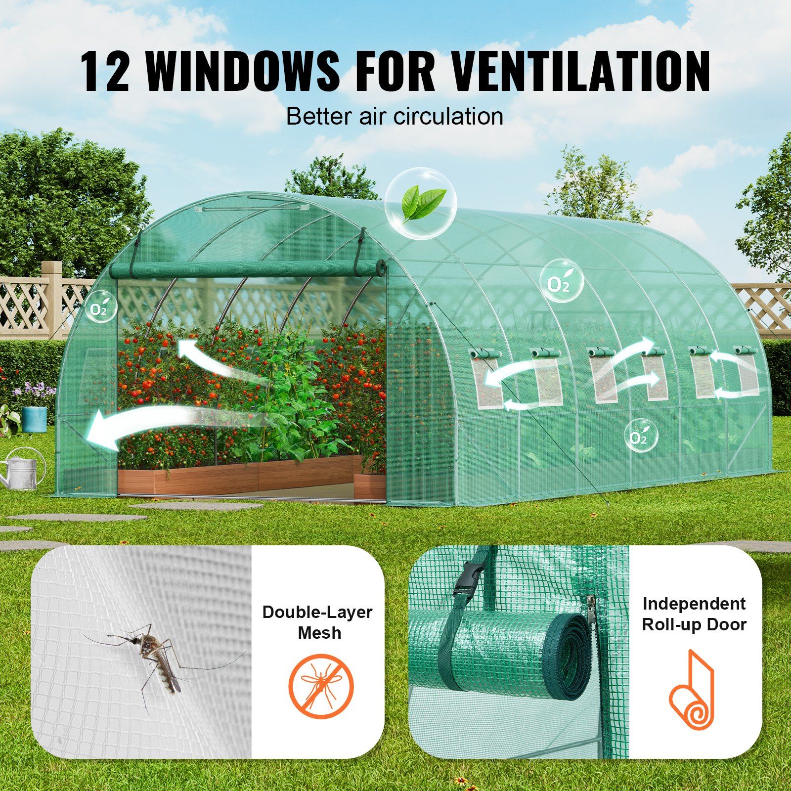 Walk-in Tunnel Greenhouse, 19.4x9.7x6.5 ft Hoop House Greenhouse Tunnel, Plant Hot House with Galvanized Steel Frame, Green PE Cover, Roll-up Zipper Door and 12 Windows for Outdoor - Image 6