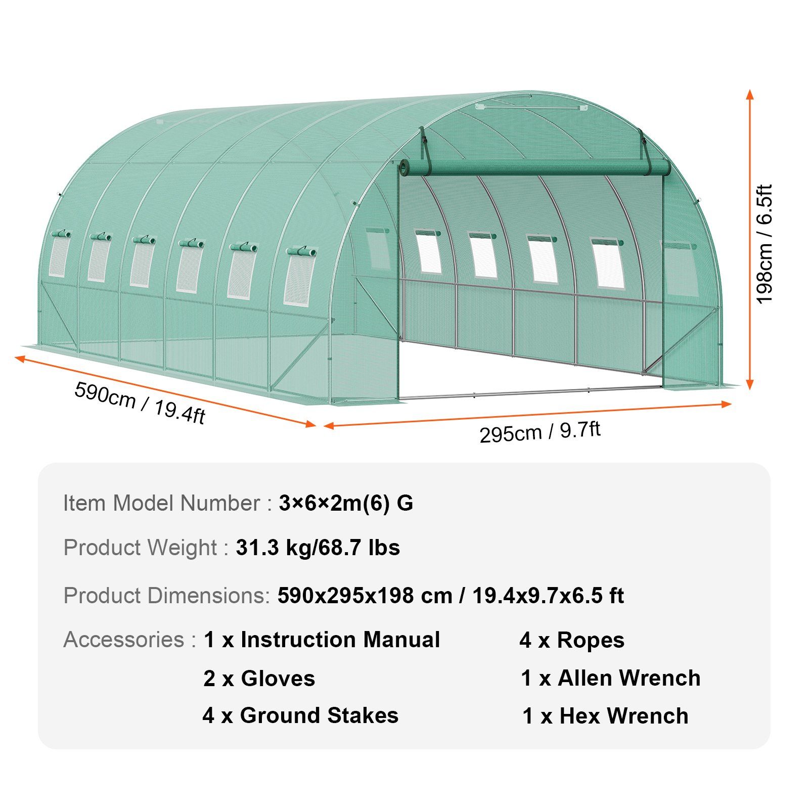 Walk-in Tunnel Greenhouse, 19.4x9.7x6.5 ft Hoop House Greenhouse Tunnel, Plant Hot House with Galvanized Steel Frame, Green PE Cover, Roll-up Zipper Door and 12 Windows for Outdoor - Image 7