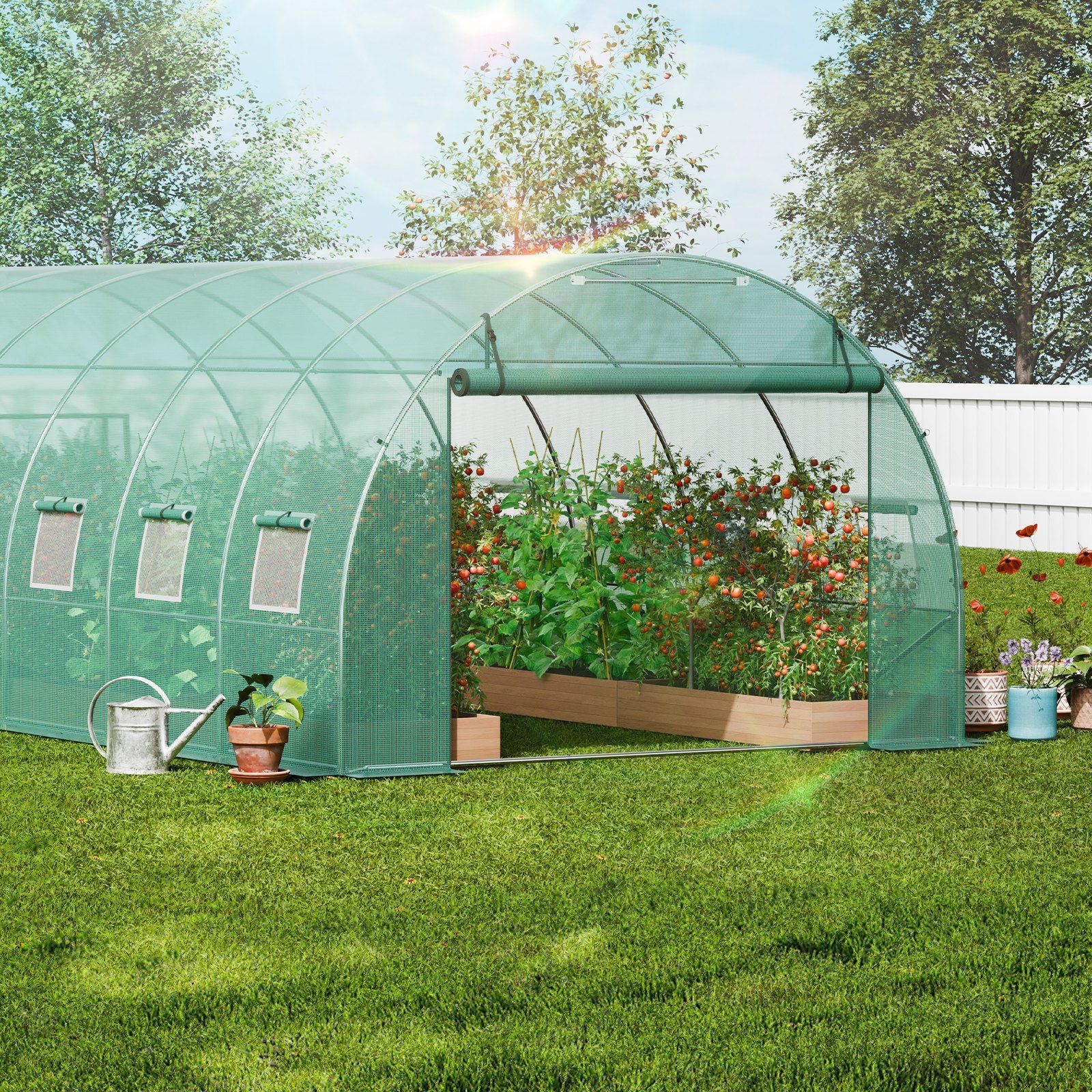 Walk-in Tunnel Greenhouse, 19.4x9.7x6.5 ft Hoop House Greenhouse Tunnel, Plant Hot House with Galvanized Steel Frame, Green PE Cover, Roll-up Zipper Door and 12 Windows for Outdoor - Image 8