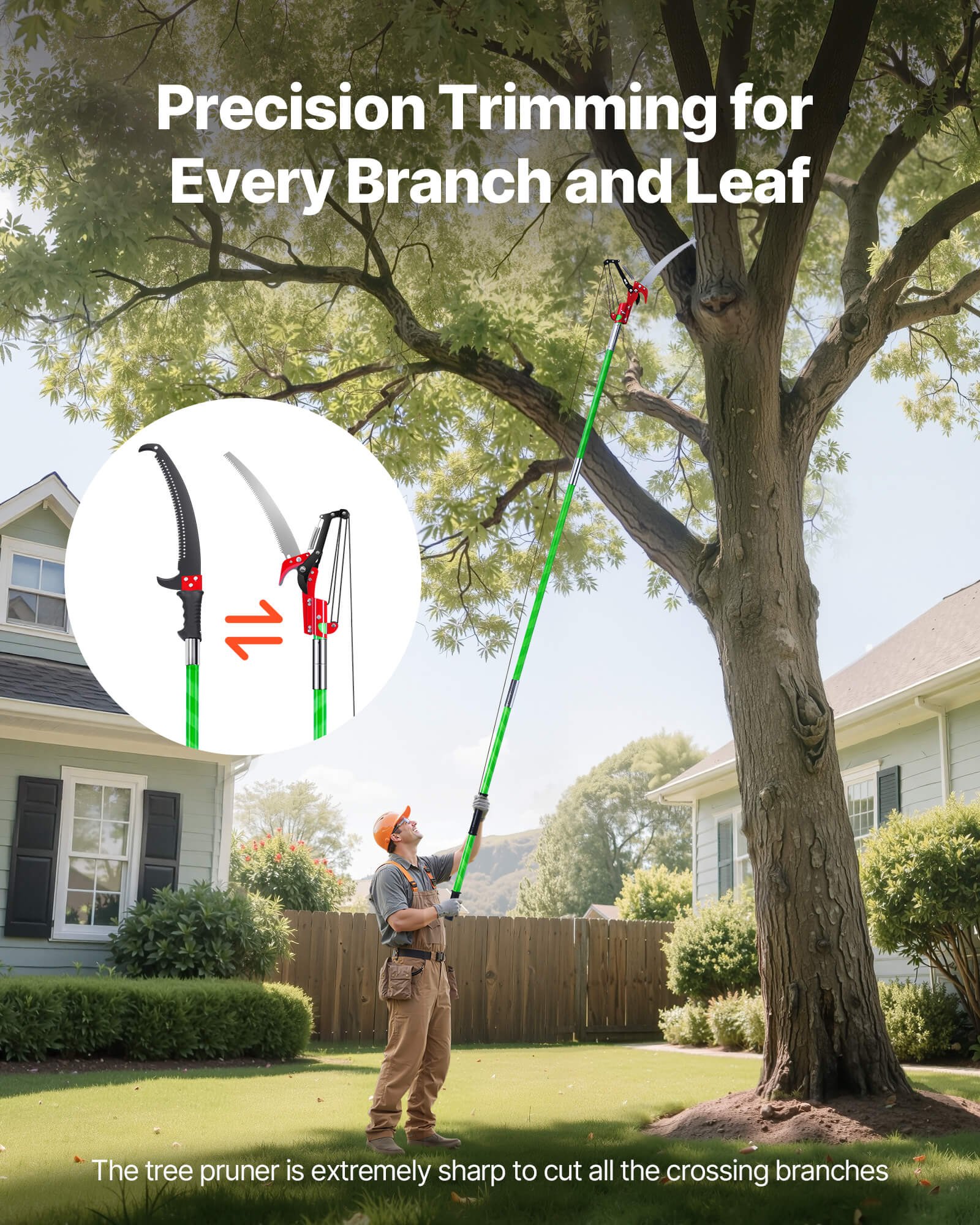 Manual Pole Saw, 118-809.3 cm Extendable Pole Tree Pruner with Scissors, Sharp 65Mn Steel Blade, Lightweight Fiberglass Handle Pole, for High Branch Trimming, Pruning Tool for Palms and Shrubs - Image 4