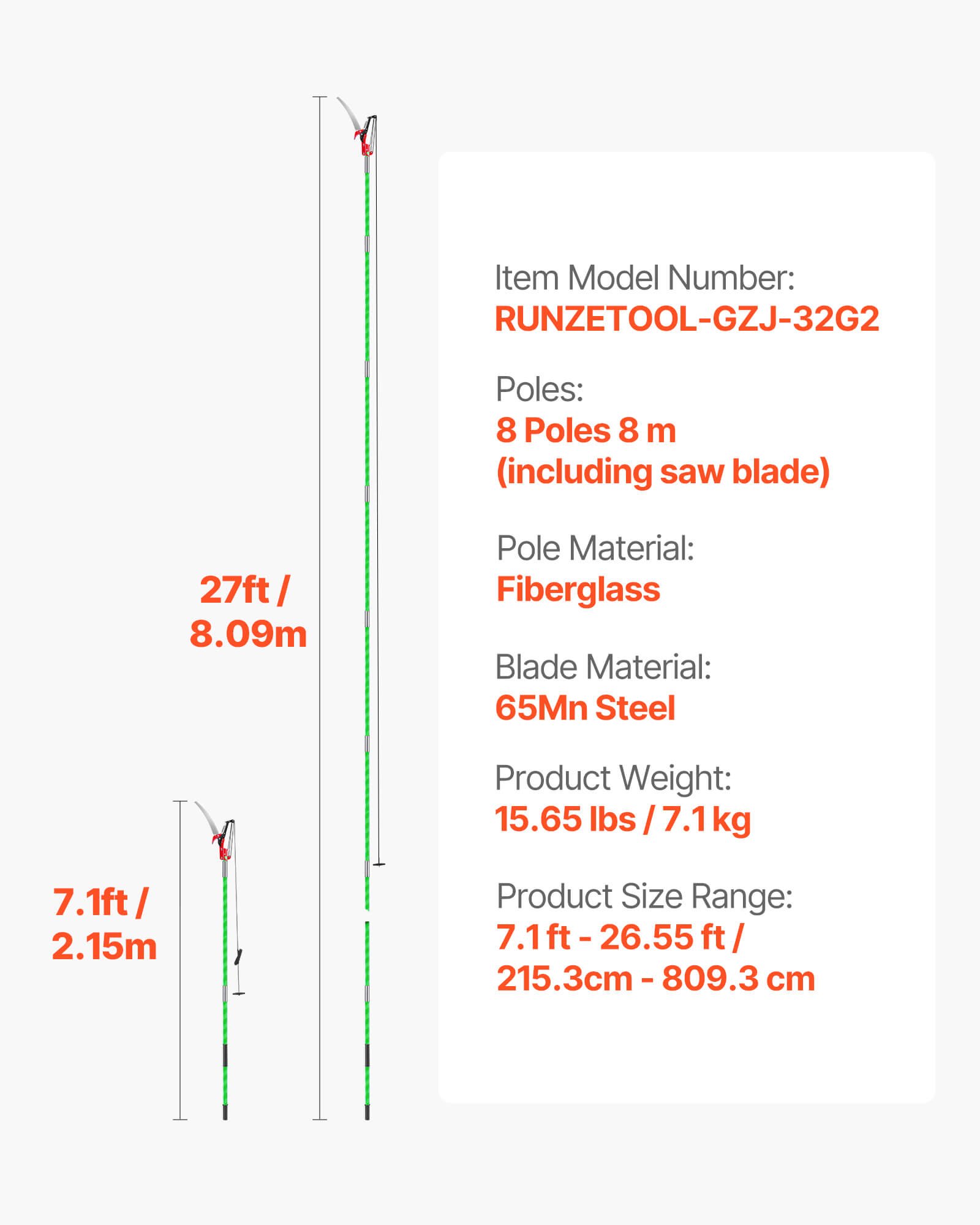 Manual Pole Saw, 118-809.3 cm Extendable Pole Tree Pruner with Scissors, Sharp 65Mn Steel Blade, Lightweight Fiberglass Handle Pole, for High Branch Trimming, Pruning Tool for Palms and Shrubs - Image 7