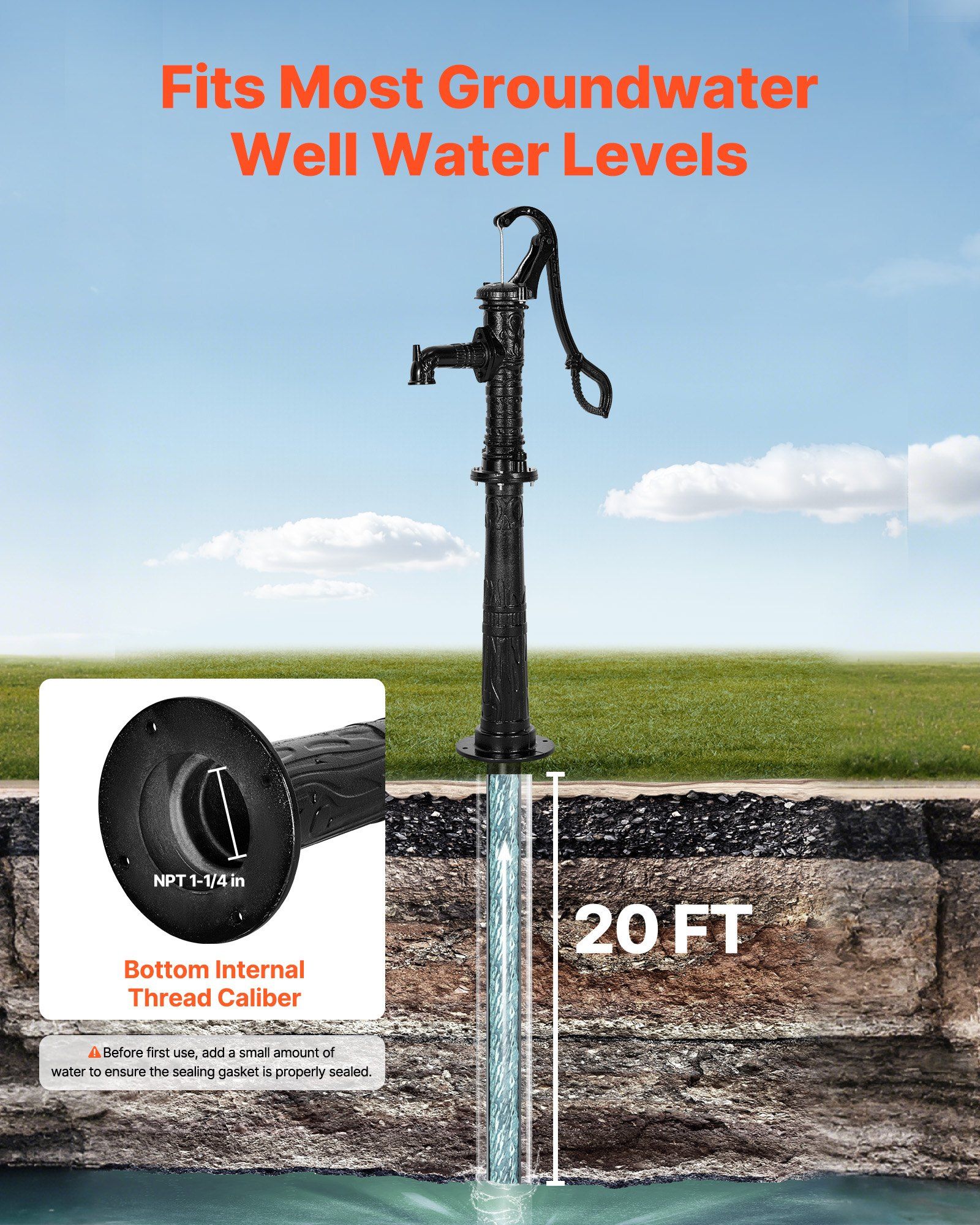 Well Hand Pitcher Pump, 20 ft Max Lift, Antique Cast Iron Manual Hand Water Pump with Heightening Base, NPT 1-1/4 in Connection, Easy Installation, for Outdoor Garden, Pond, Yard, Farm, Black - Image 2