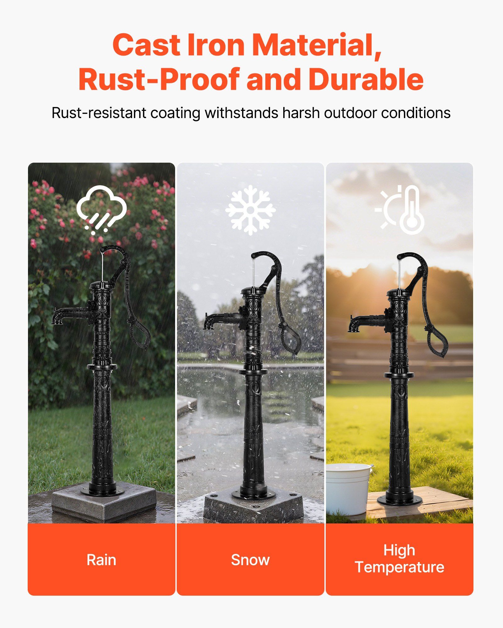 Well Hand Pitcher Pump, 20 ft Max Lift, Antique Cast Iron Manual Hand Water Pump with Heightening Base, NPT 1-1/4 in Connection, Easy Installation, for Outdoor Garden, Pond, Yard, Farm, Black - Image 3