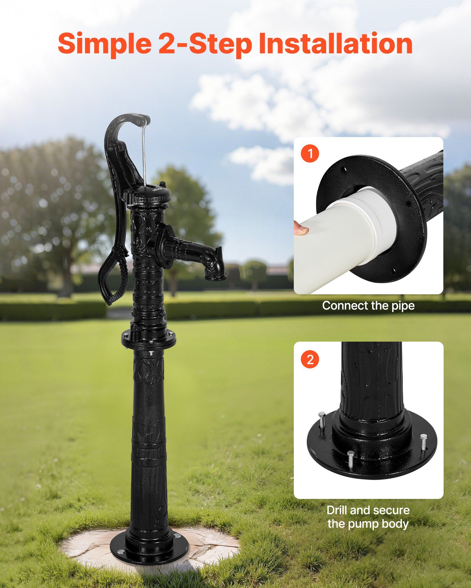 Well Hand Pitcher Pump, 20 ft Max Lift, Antique Cast Iron Manual Hand Water Pump with Heightening Base, NPT 1-1/4 in Connection, Easy Installation, for Outdoor Garden, Pond, Yard, Farm, Black - Image 5