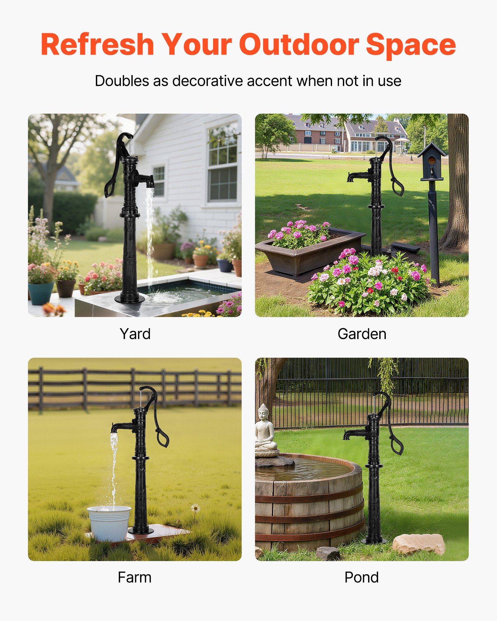 Well Hand Pitcher Pump, 20 ft Max Lift, Antique Cast Iron Manual Hand Water Pump with Heightening Base, NPT 1-1/4 in Connection, Easy Installation, for Outdoor Garden, Pond, Yard, Farm, Black - Image 6