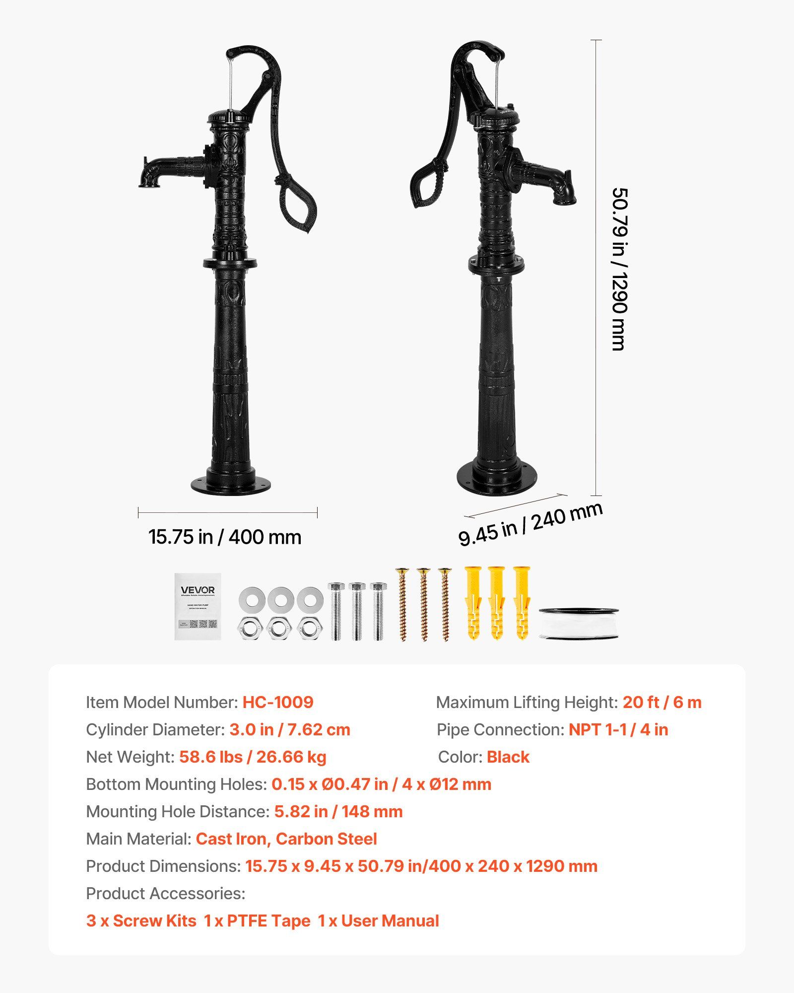 Well Hand Pitcher Pump, 20 ft Max Lift, Antique Cast Iron Manual Hand Water Pump with Heightening Base, NPT 1-1/4 in Connection, Easy Installation, for Outdoor Garden, Pond, Yard, Farm, Black - Image 7
