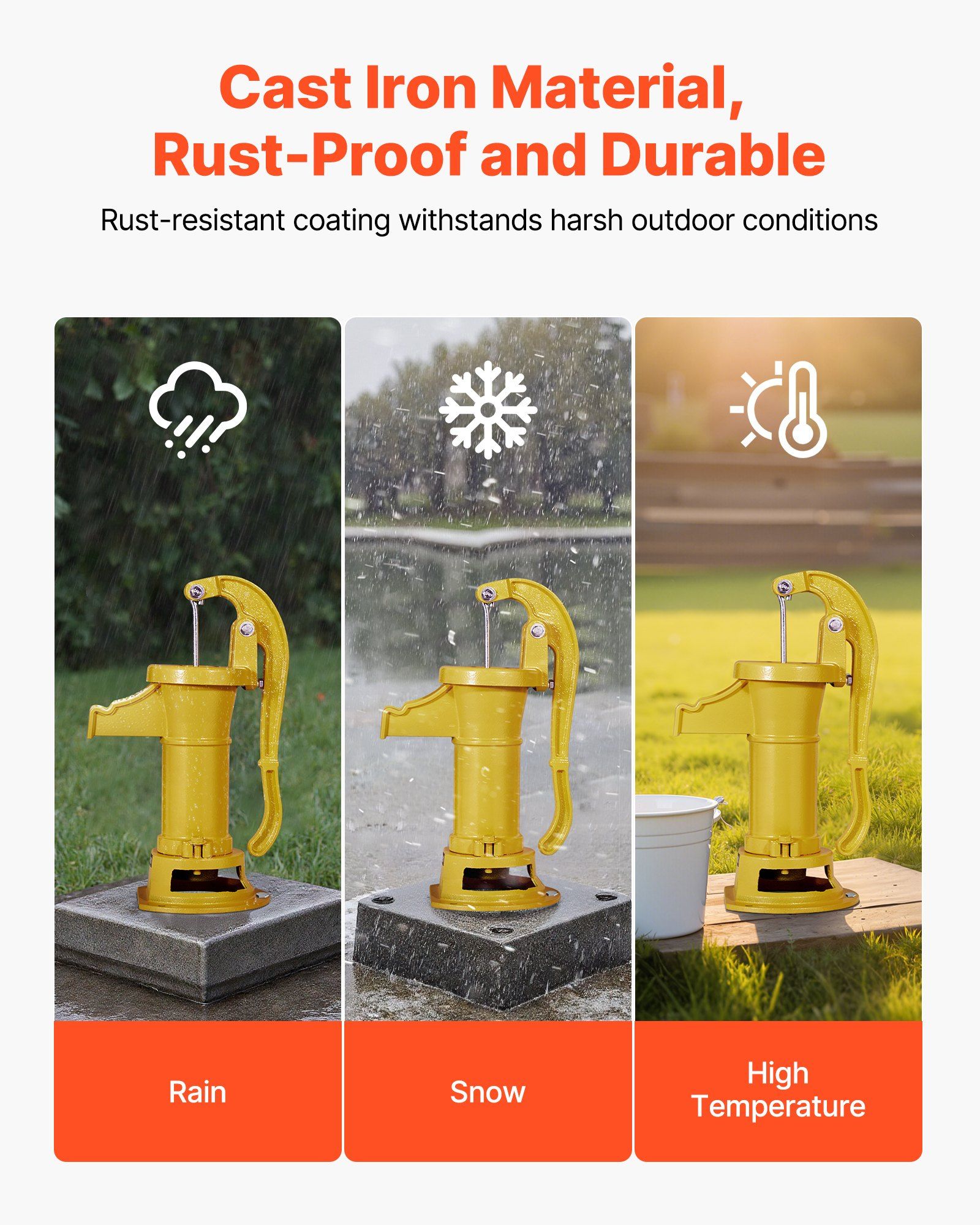 Well Hand Pitcher Pump, 25 ft Maximum Lift, Antique Cast Iron Manual Hand Water Pump, NPT 1-1/4 in Connection, Easy Installation, Old Fashioned for Outdoor Garden, Pond, Backyard, Farm, Yellow - Image 3