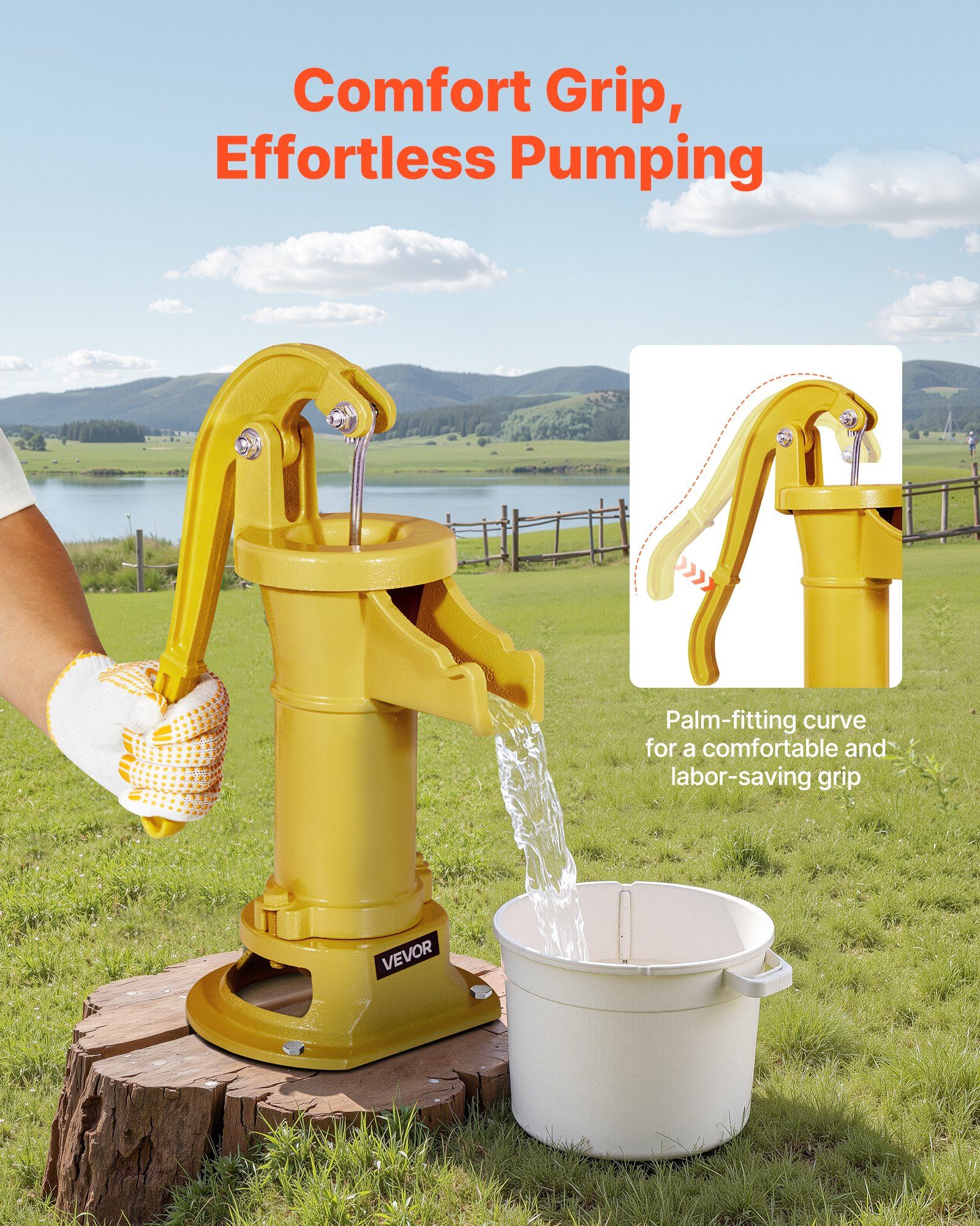 Well Hand Pitcher Pump, 25 ft Maximum Lift, Antique Cast Iron Manual Hand Water Pump, NPT 1-1/4 in Connection, Easy Installation, Old Fashioned for Outdoor Garden, Pond, Backyard, Farm, Yellow - Image 4