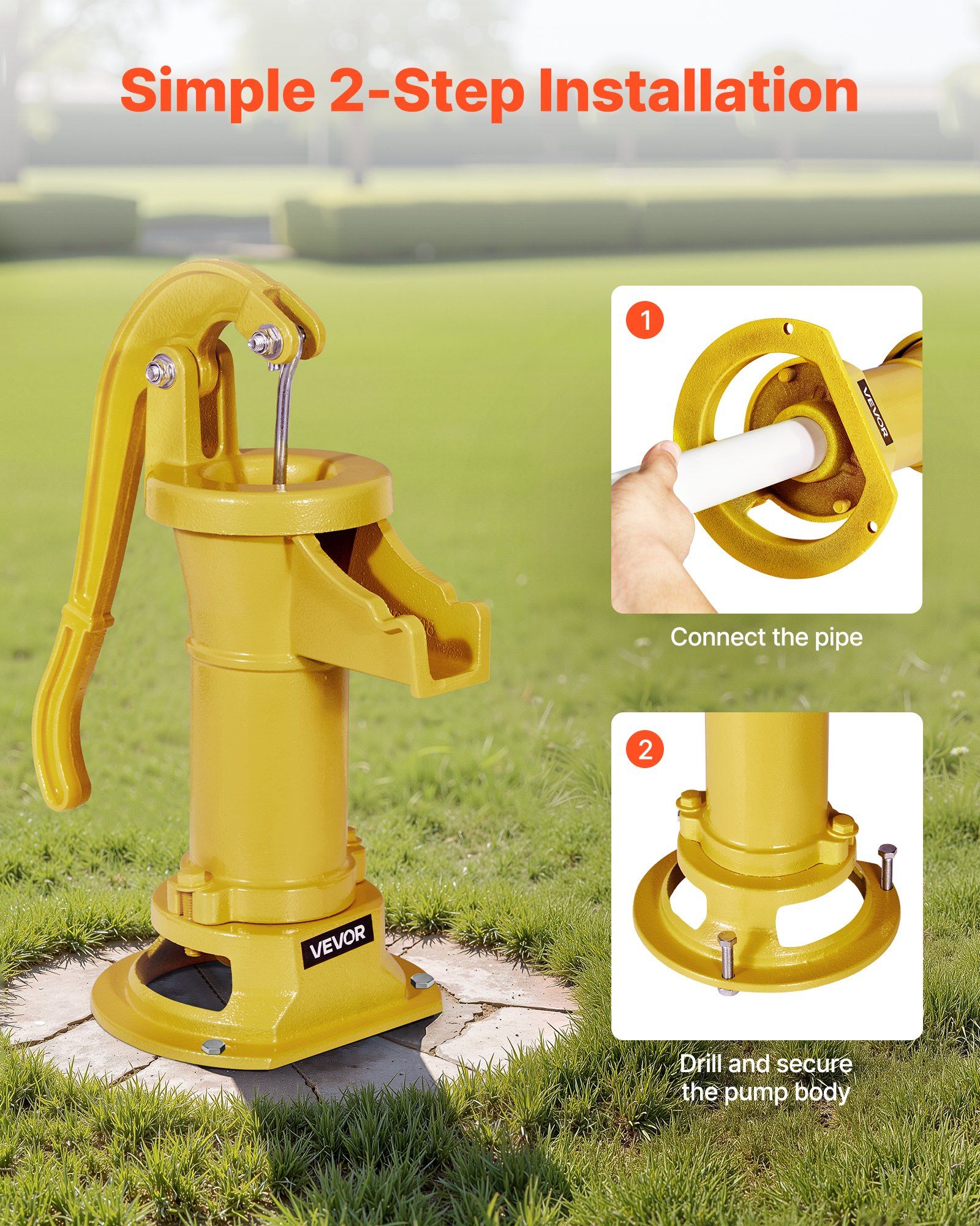 Well Hand Pitcher Pump, 25 ft Maximum Lift, Antique Cast Iron Manual Hand Water Pump, NPT 1-1/4 in Connection, Easy Installation, Old Fashioned for Outdoor Garden, Pond, Backyard, Farm, Yellow - Image 5