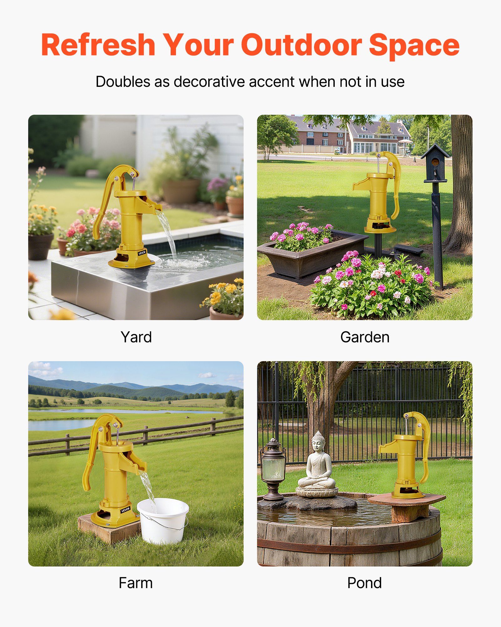 Well Hand Pitcher Pump, 25 ft Maximum Lift, Antique Cast Iron Manual Hand Water Pump, NPT 1-1/4 in Connection, Easy Installation, Old Fashioned for Outdoor Garden, Pond, Backyard, Farm, Yellow - Image 6