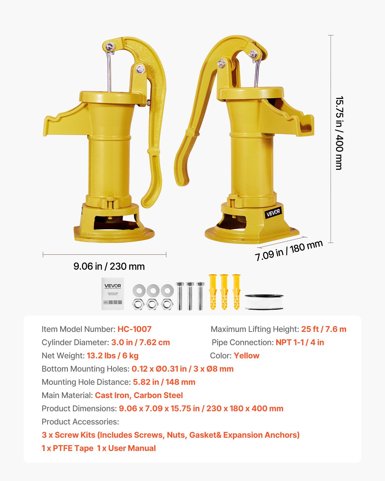 Well Hand Pitcher Pump, 25 ft Maximum Lift, Antique Cast Iron Manual Hand Water Pump, NPT 1-1/4 in Connection, Easy Installation, Old Fashioned for Outdoor Garden, Pond, Backyard, Farm, Yellow - Image 7