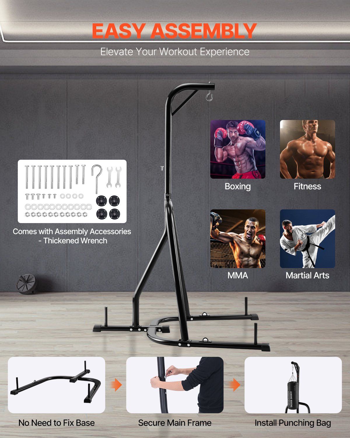 Punching Bag Stand, Steel Heavy Duty Workout Equipment, Boxing Punching Bag Stand, Holds Up to 140 lbs, Freestanding Sandbag Rack with Weighted Base, Training Equipment for Home Gym Fitness - Image 4
